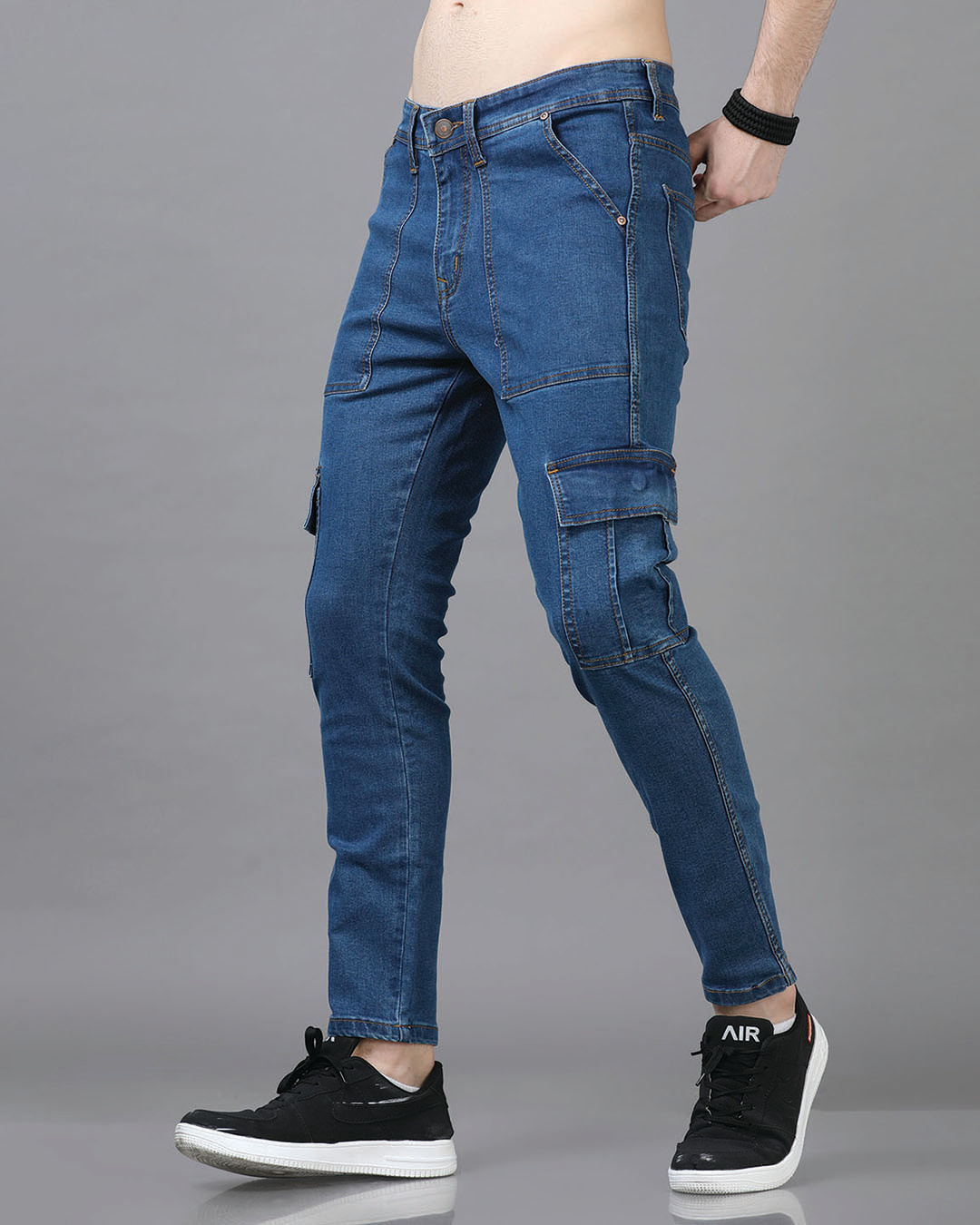 Shop Men's Stone Blue Slim Fit Cargo Jeans-Back