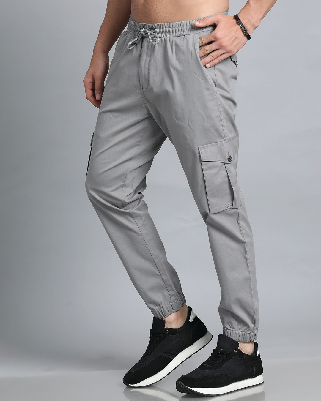 Shop Men's Stone Grey Slim Fit Cargo Joggers-Back