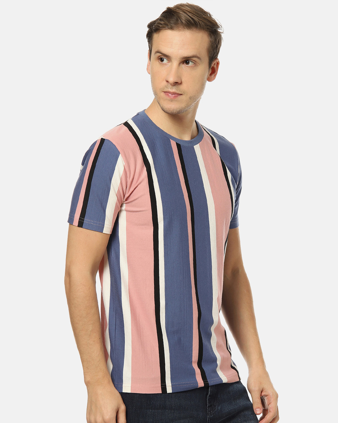 Shop Men's Stylish Striped Round Neck Casual T-Shirt-Back