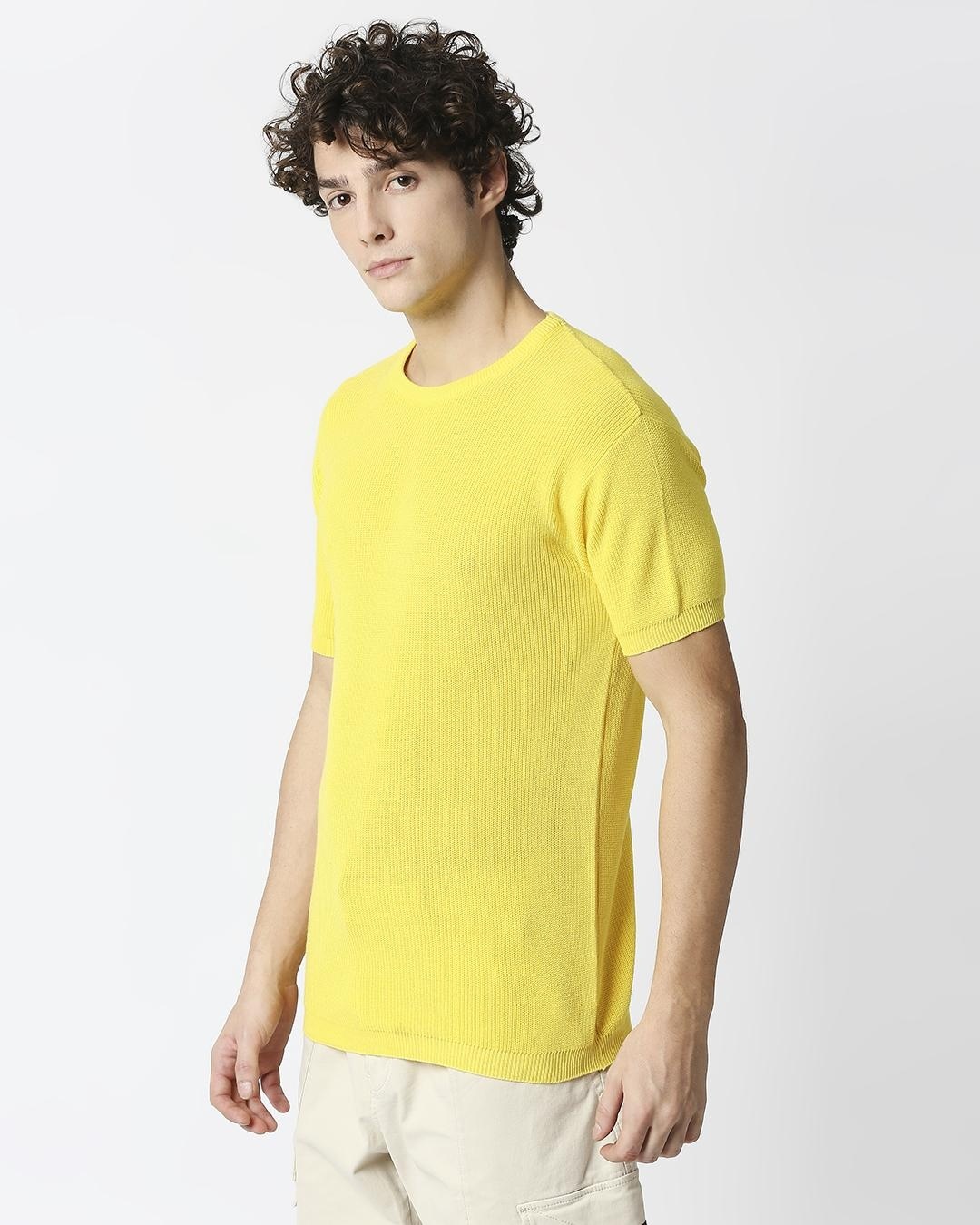 Shop Men's Sunny Yellow Knitted Slim Fit T-shirt-Back