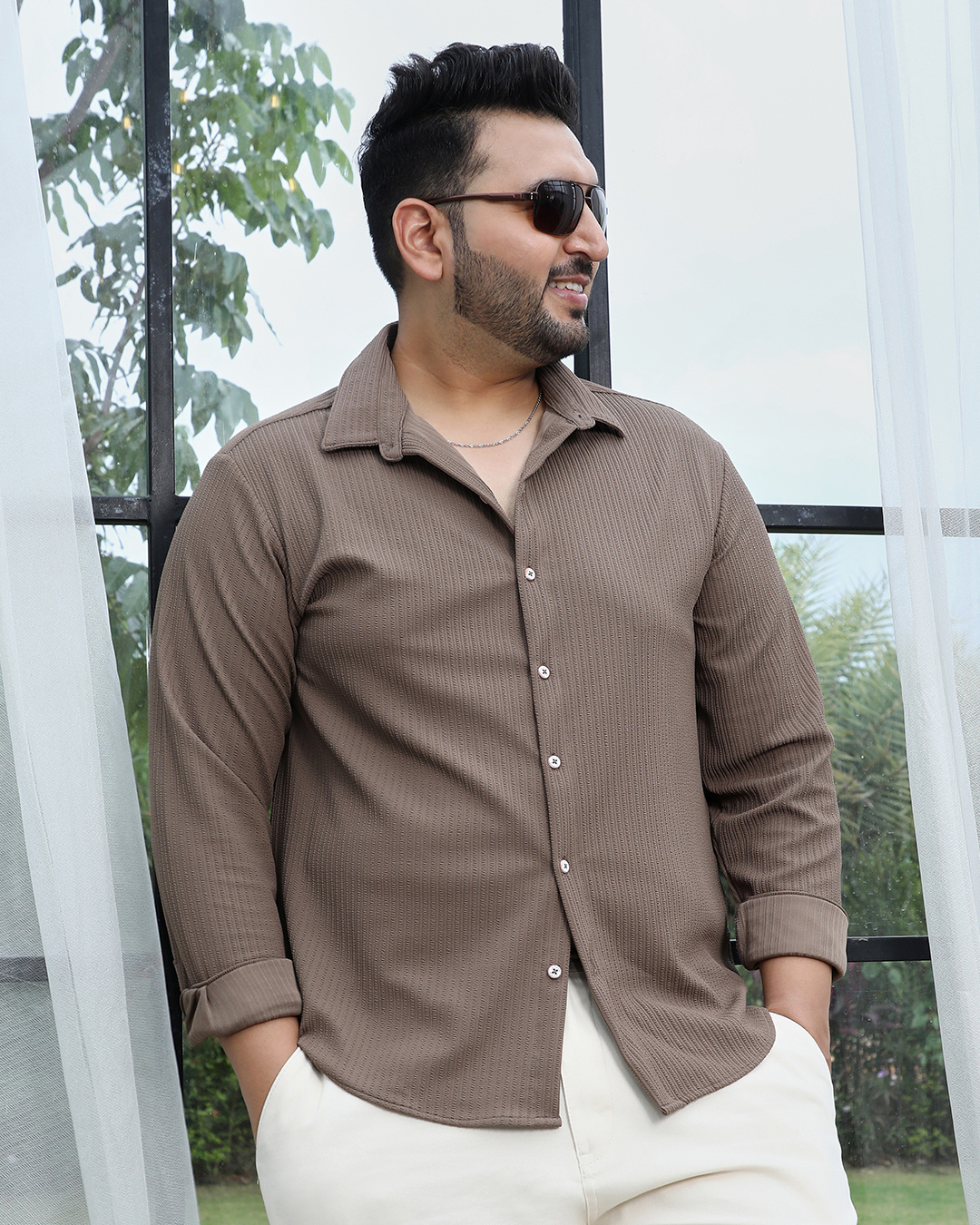 Shop Men's Tan Brown Textured Oversized Plus Size Shirt-Back