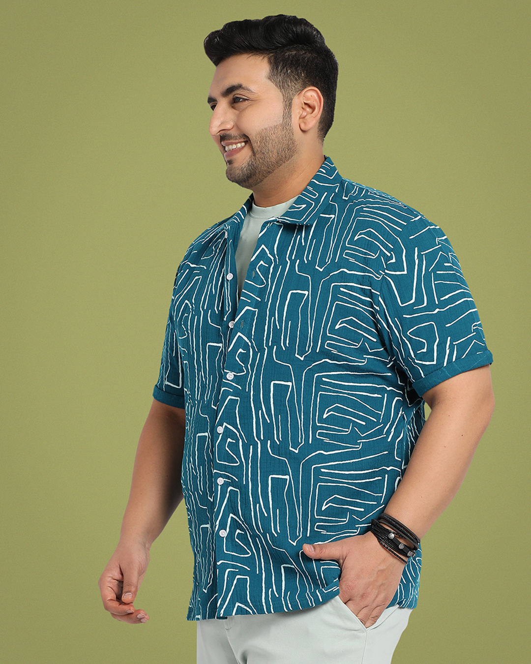 Shop Men's Teal Blue Abstract Lines Printed Oversized Plus Size Shirt-Back