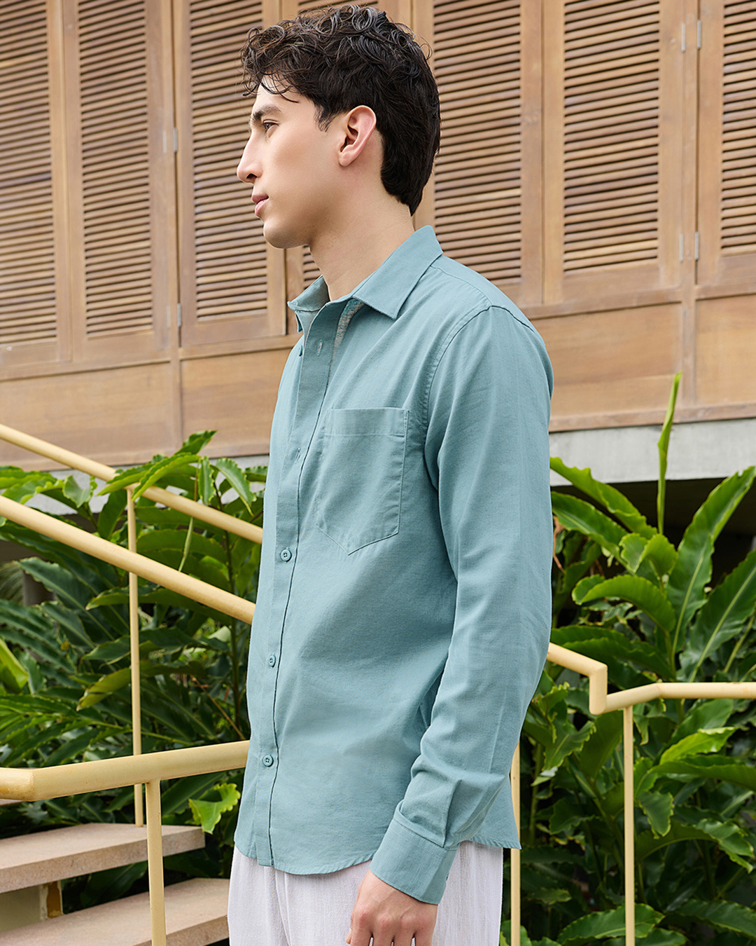 Shop Men's Teal Blue Cotton Linen Shirt-Back