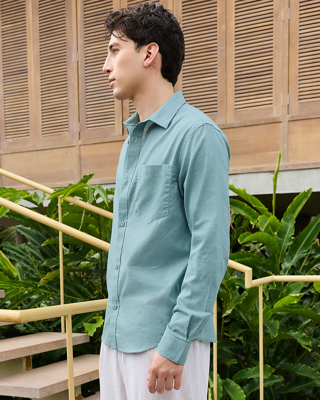 Shop Men's Teal Blue Linen Shirt-Back