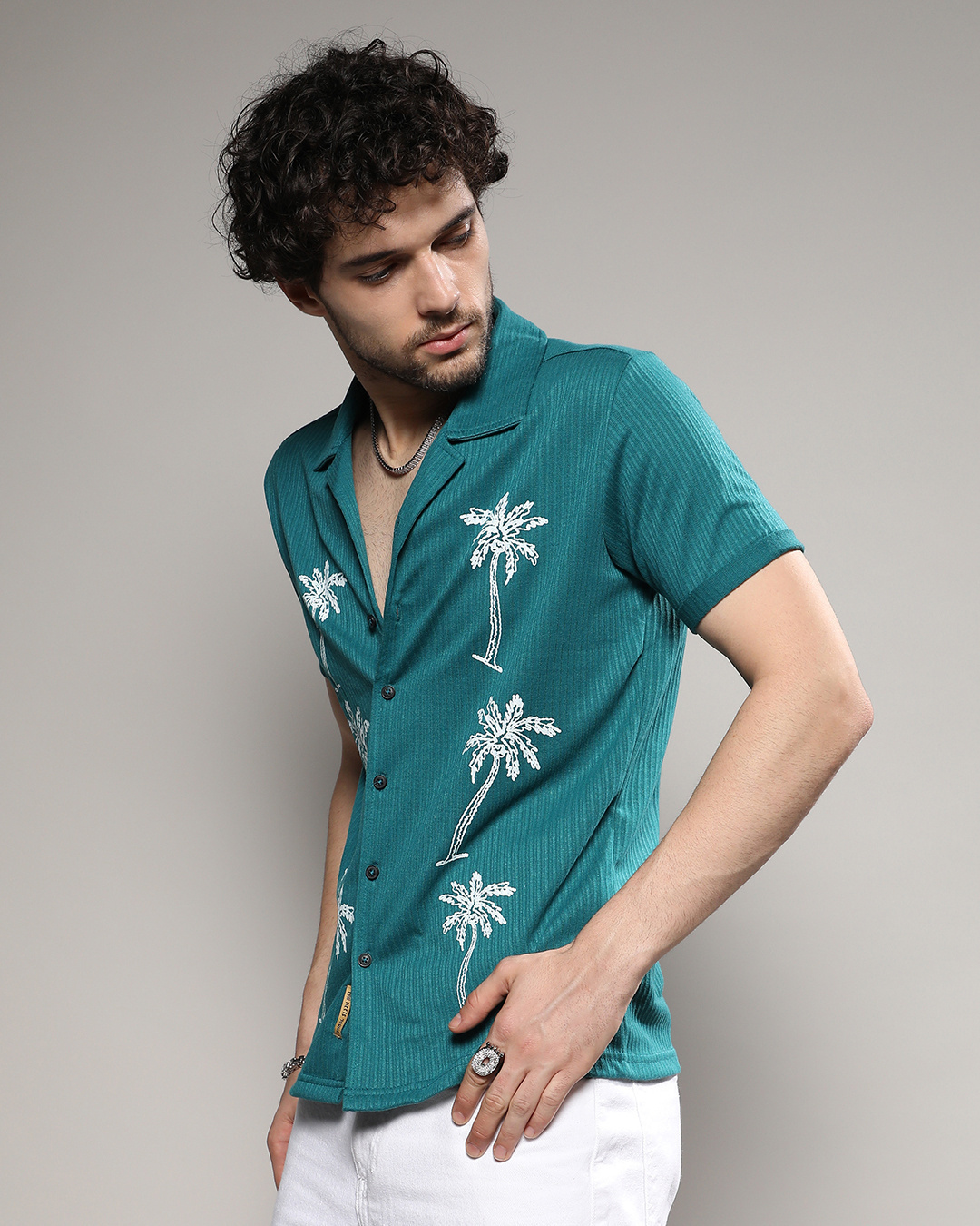 Shop Men's Teal Blue Palm Tree Embroidered Shirt-Back