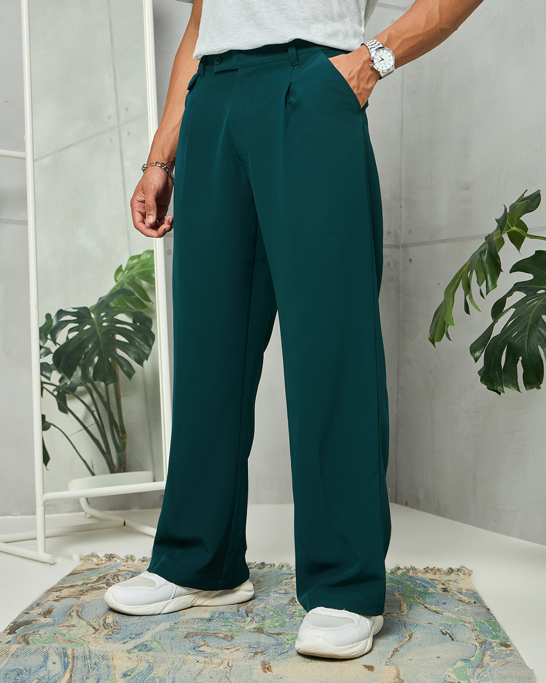 Shop Men's Teal Blue Wide Leg Korean Pants-Back