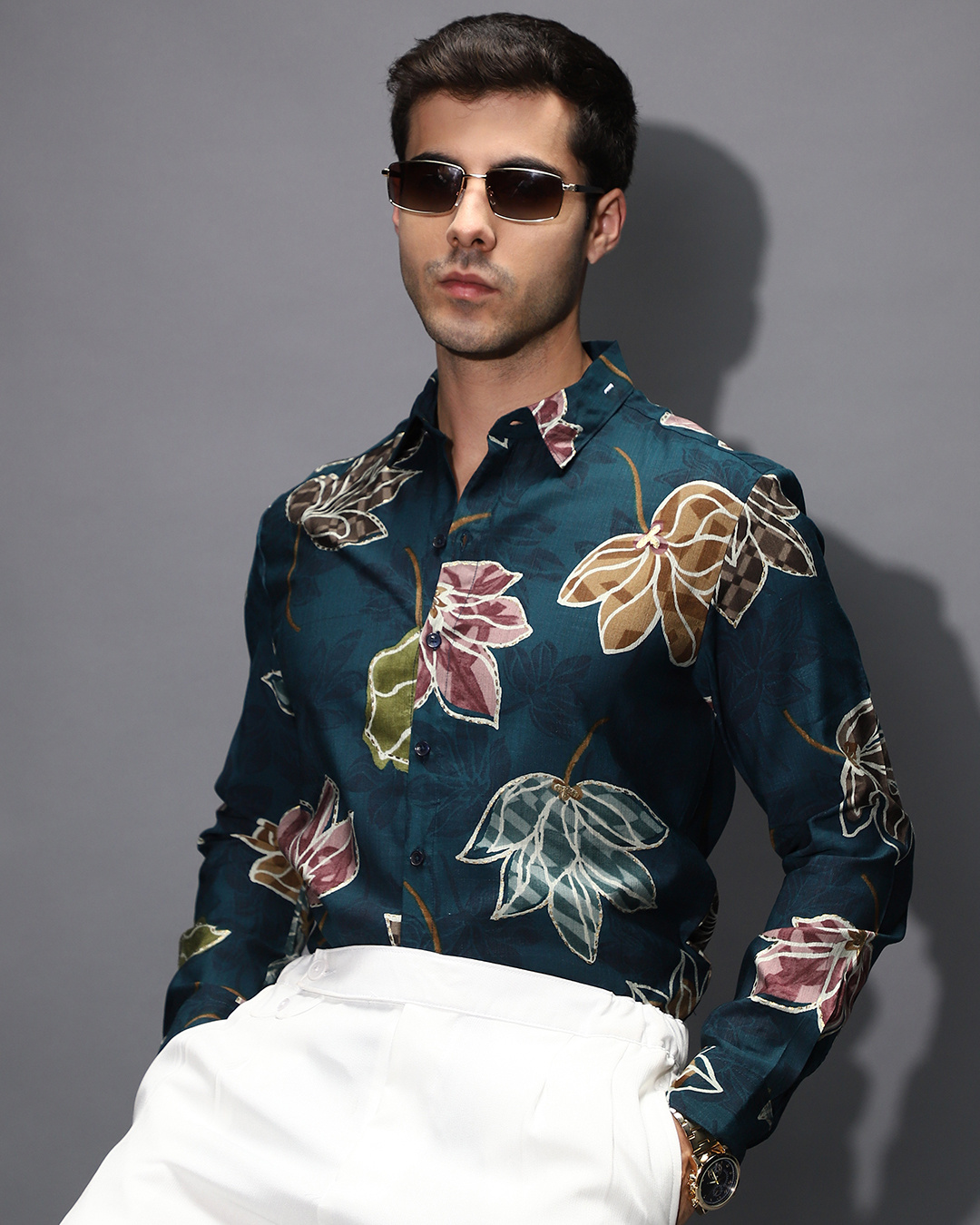 Men's Teal Smart Slim Fit Floral Printed Casual Shirt main image 1