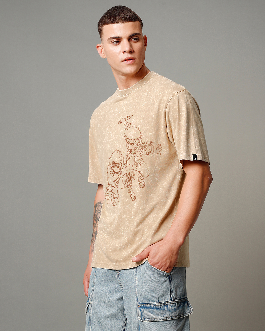 Shop Men's Brown The Rivals Graphic Printed Oversized Acid Wash T-shirt-Back