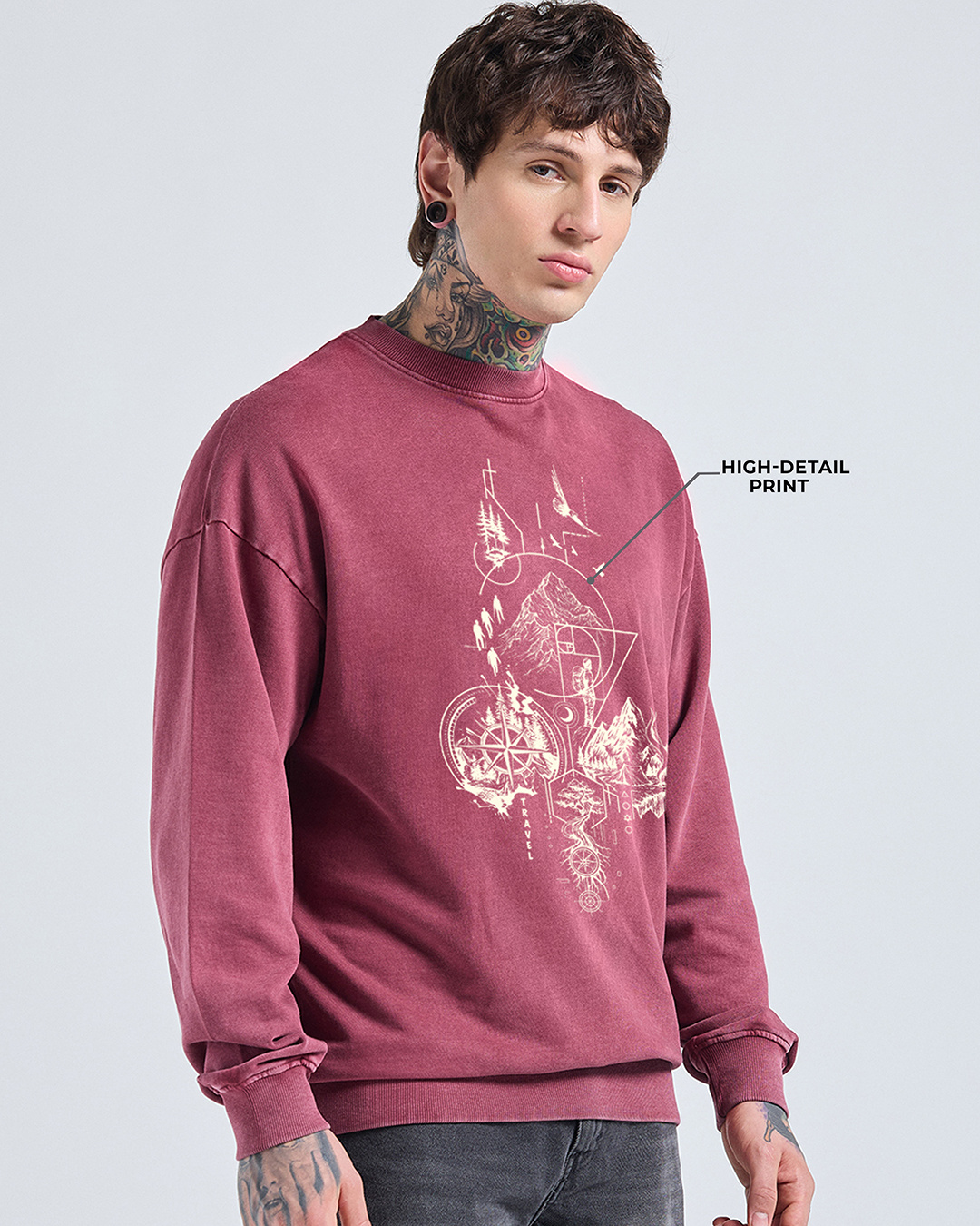 Shop Men's Tibetan Red Travel Graphic Printed Oversized Acid Wash Sweatshirt-Back