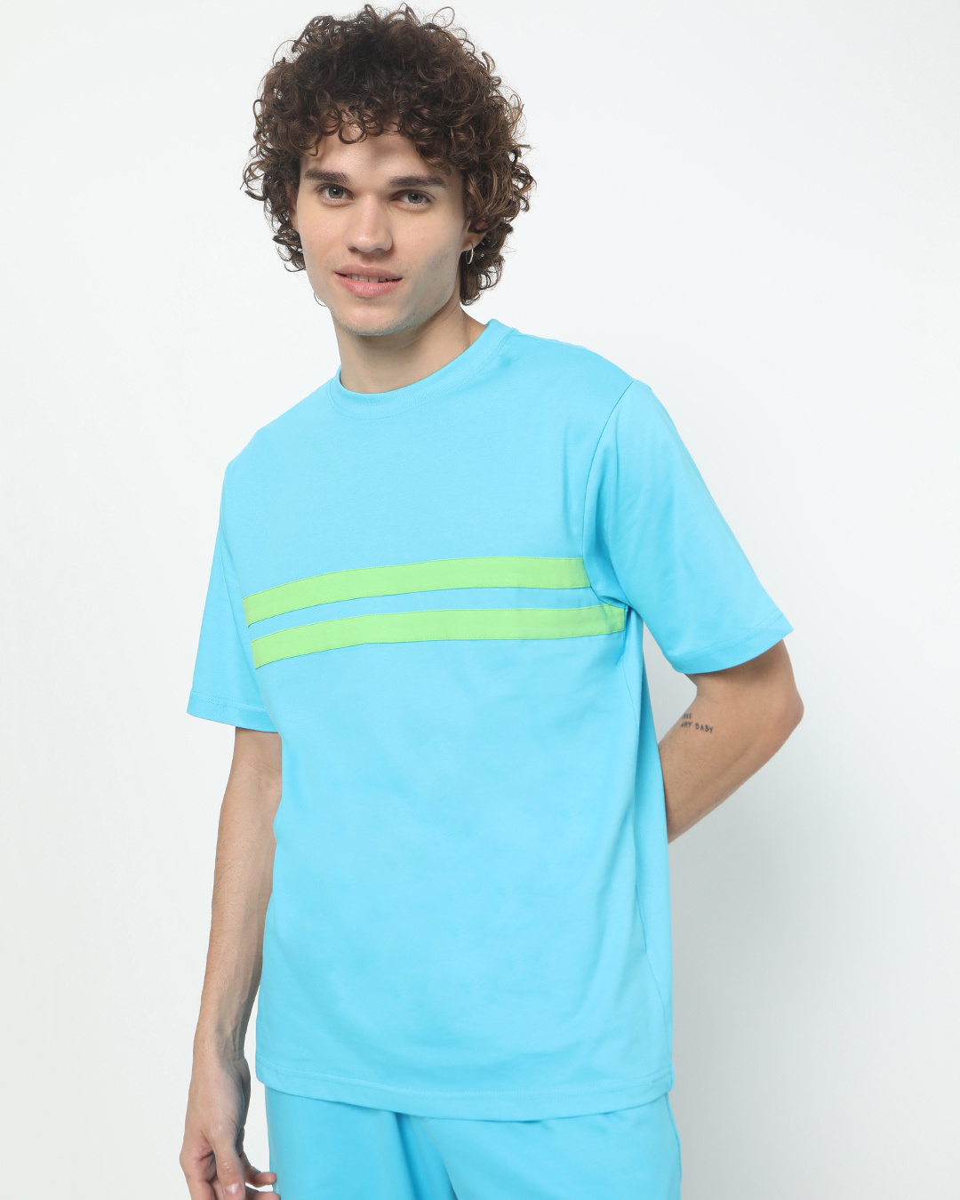 Shop Men's Upbeat Blue Chest Stripe Oversized T-shirt-Back