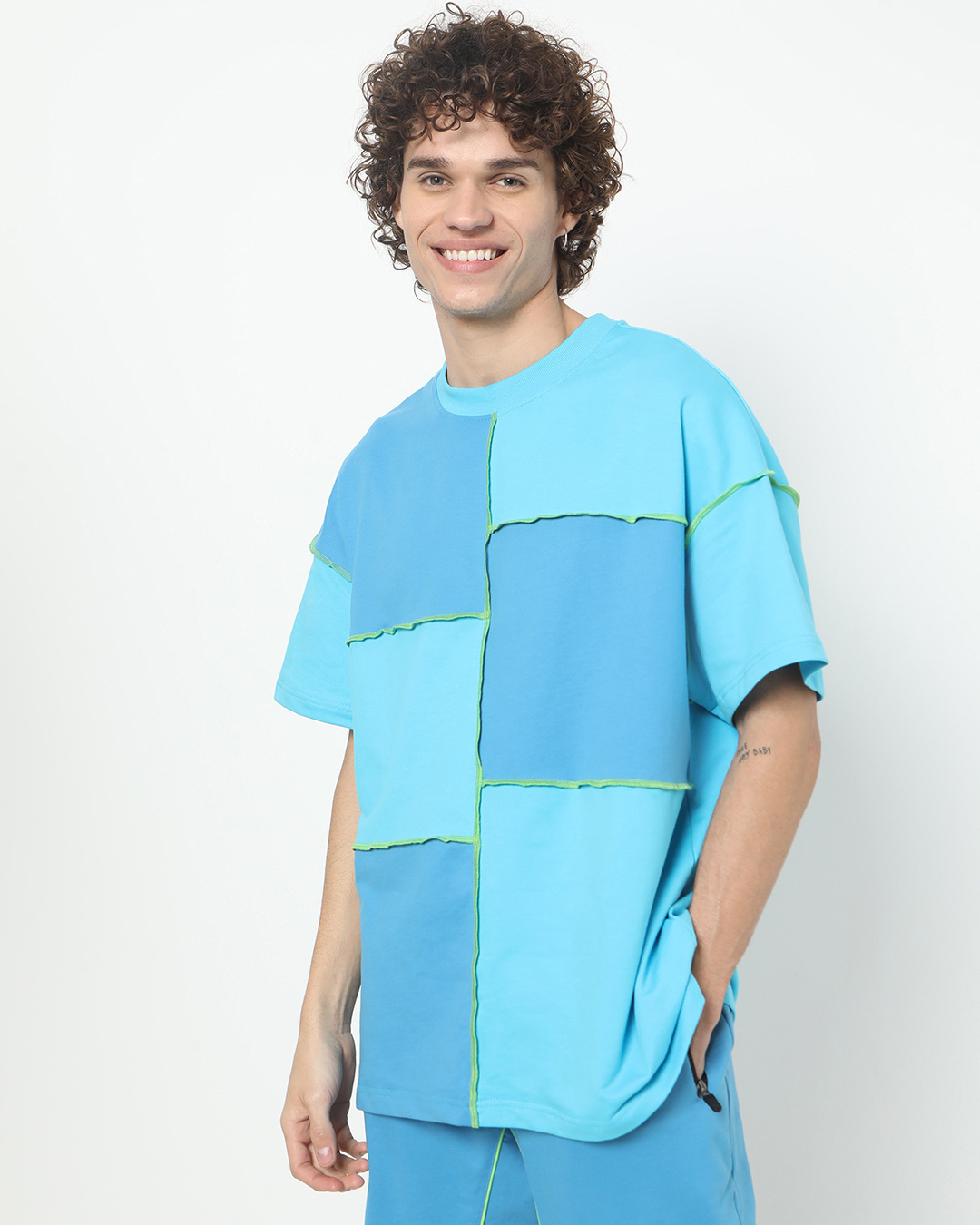 Shop Men's Upbeat Blue Reverse Color Block Oversized T-shirt-Back
