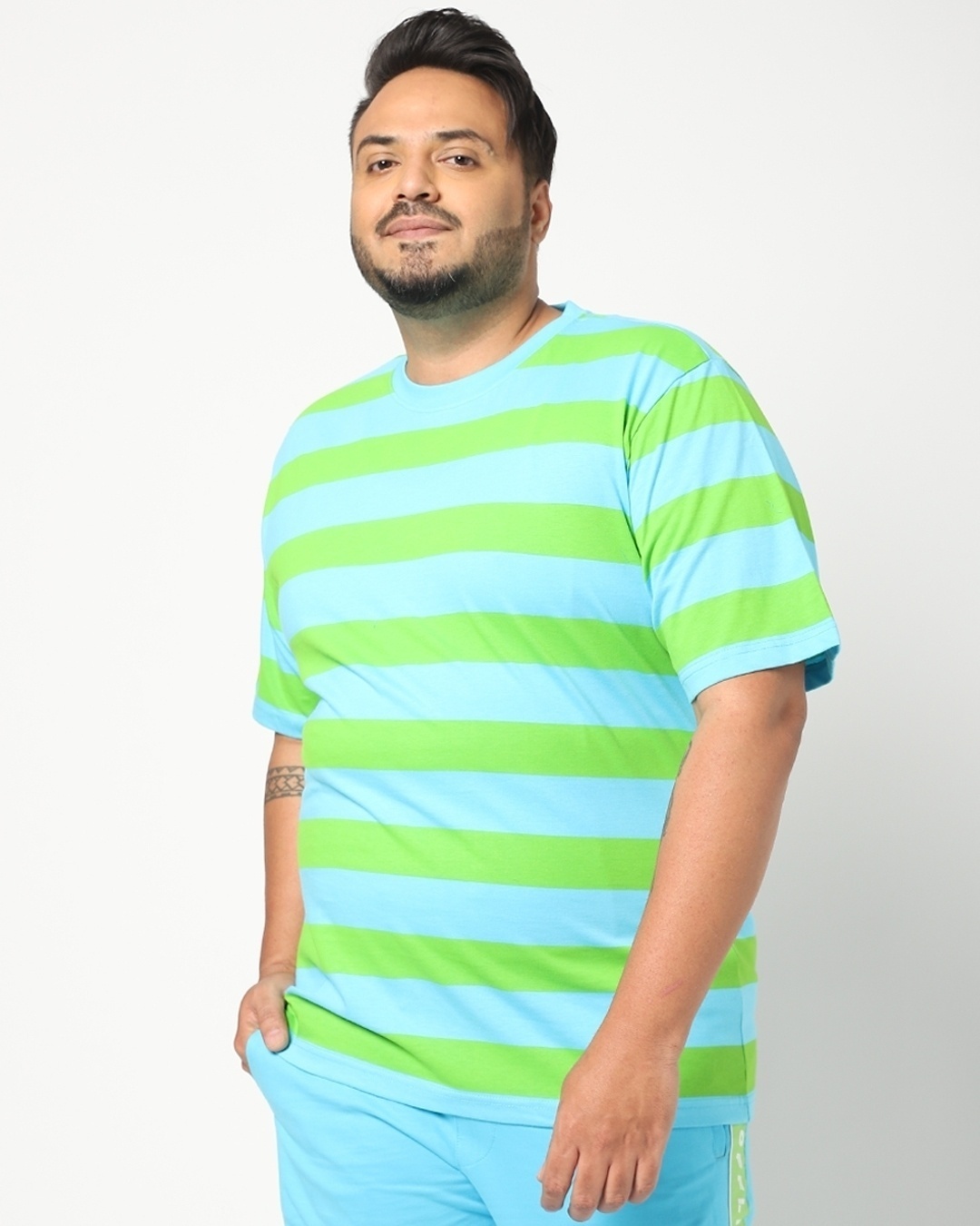 Shop Men's Upbeat Blue Striped Plus Size Oversized T-shirt-Back