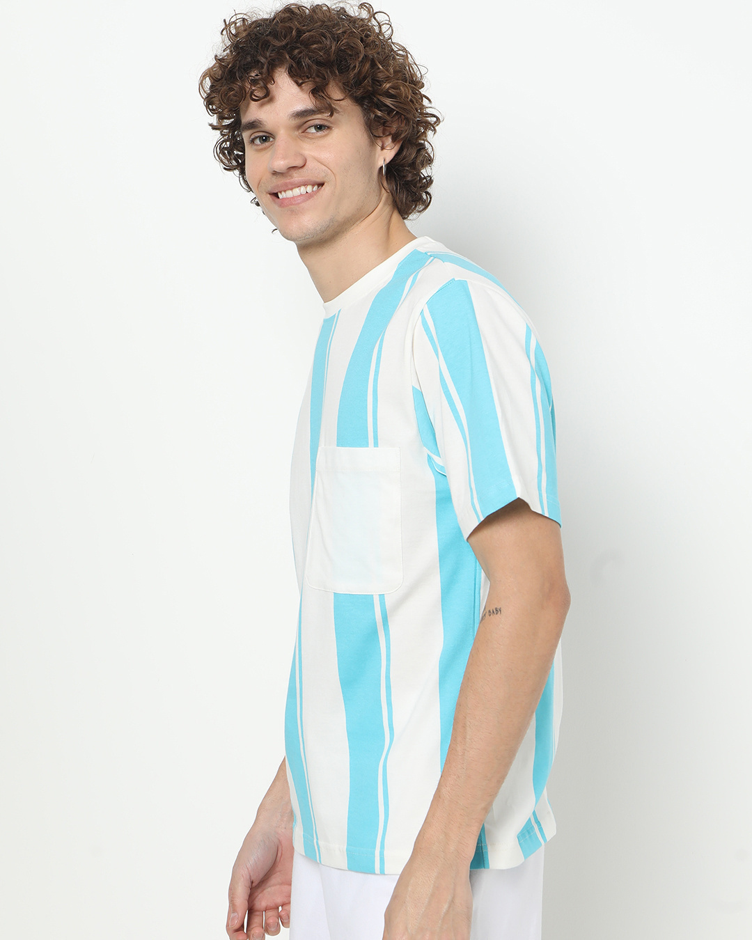 Shop Men's Upbeat Blue Verticle Pocket Stripe Oversized T-shirt-Back