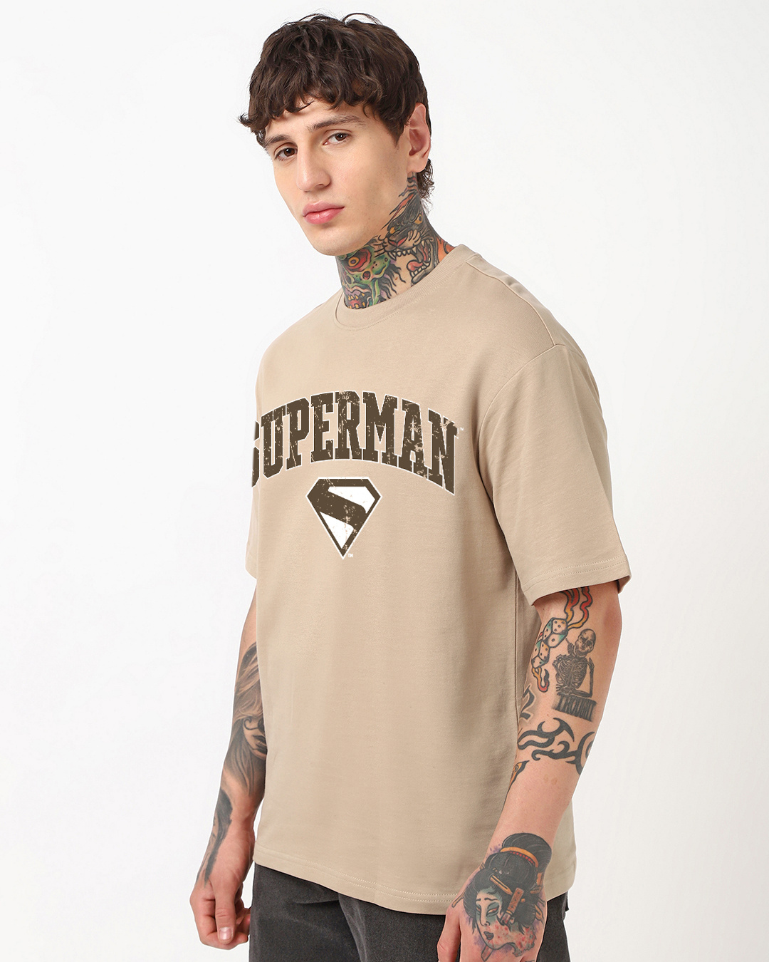 Shop Men's Warm Taupe Brown Superman Varsity Graphic Printed Oversized T-shirt-Back