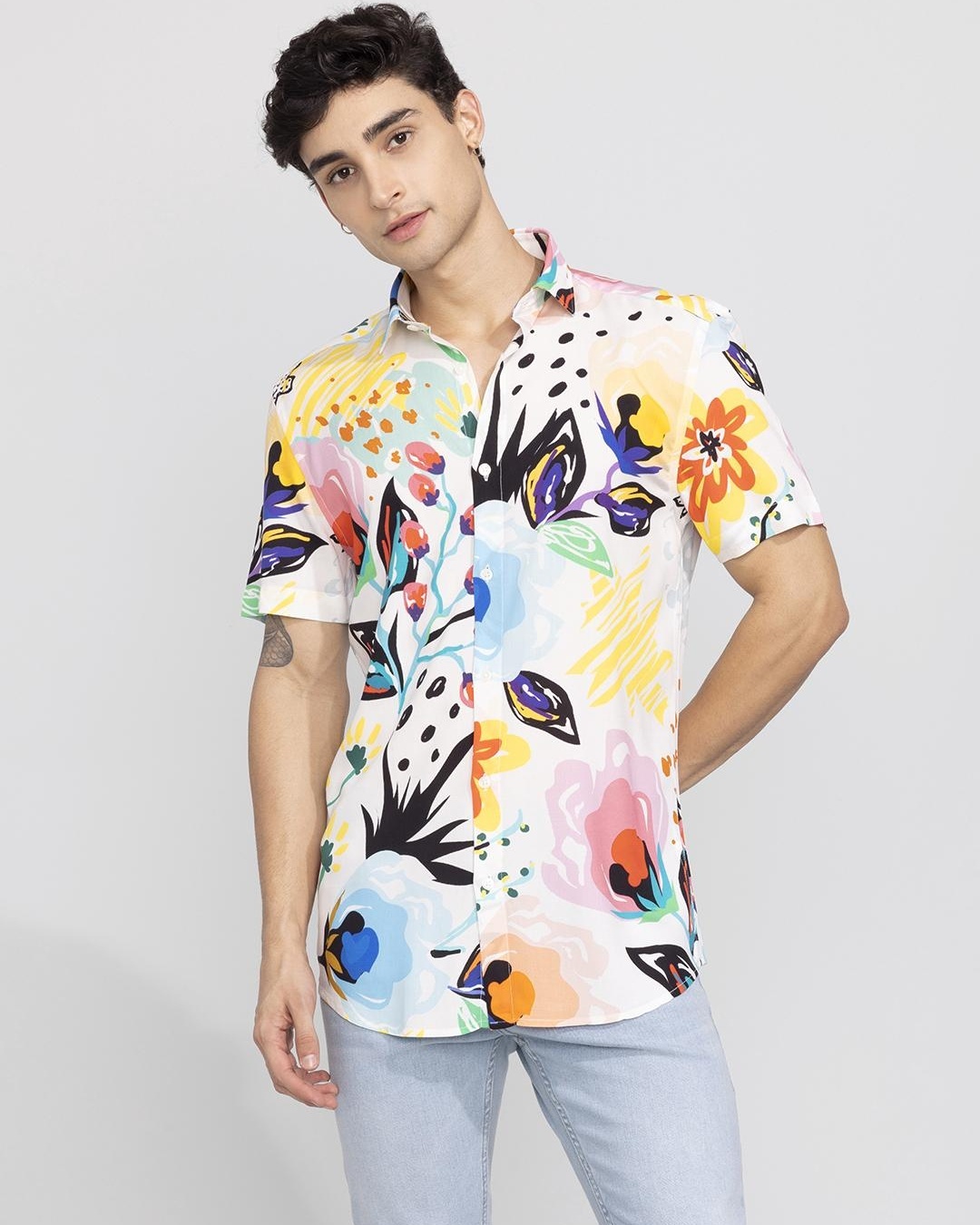 Shop Men's White Abstract Printed Slim Fit Shirt-Back