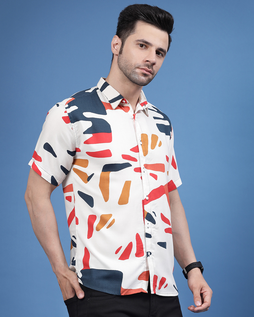 Shop Men's White Abstract Printed Slim Fit Shirt-Back