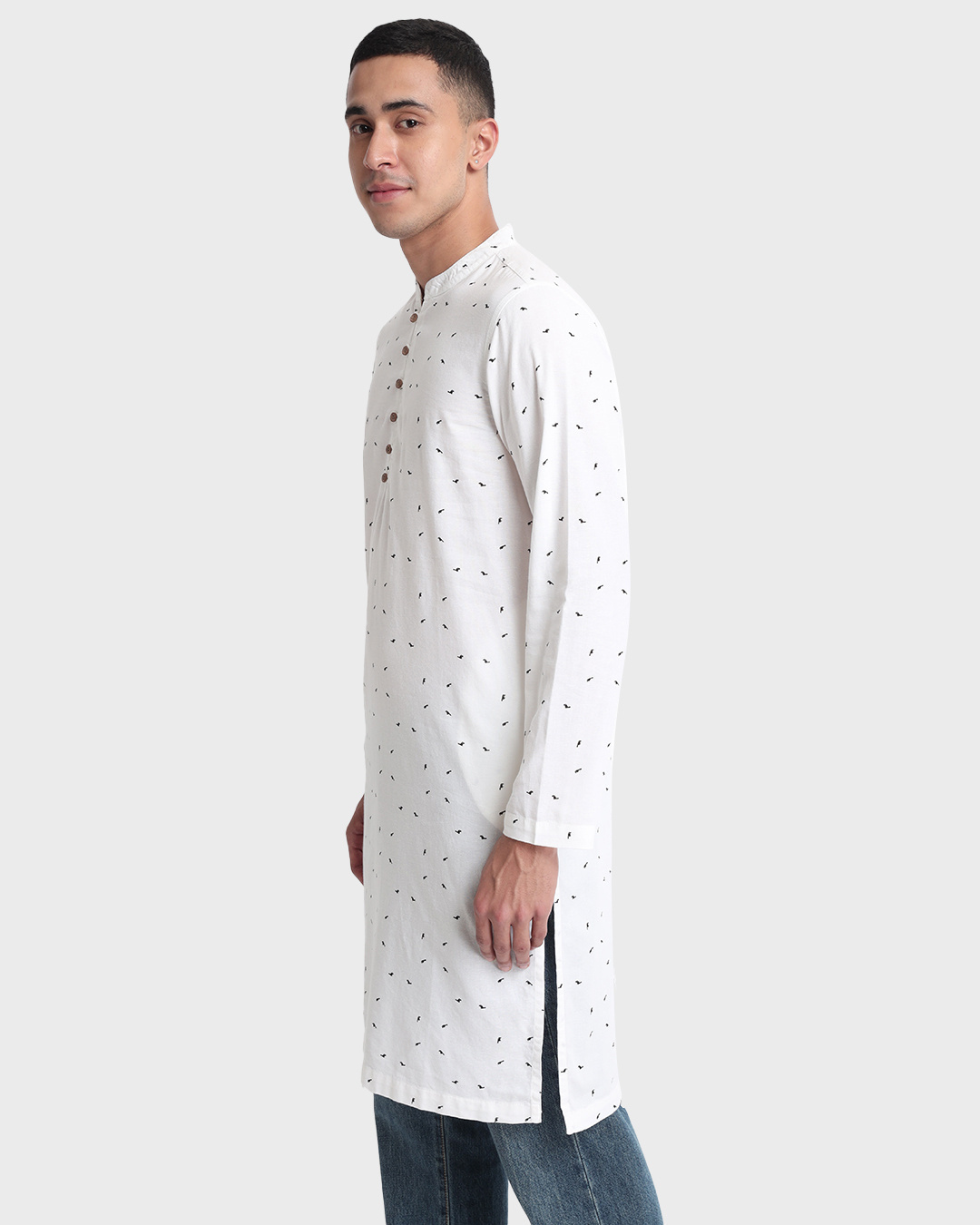 Shop Men's White All Over Crow Printed Relaxed Fit Long Kurta-Back