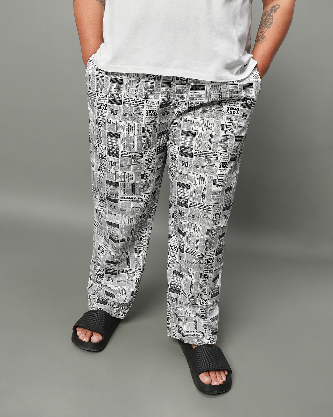 Buy Men's White All Over Newspaper Printed Plus Size Pyjamas Online in