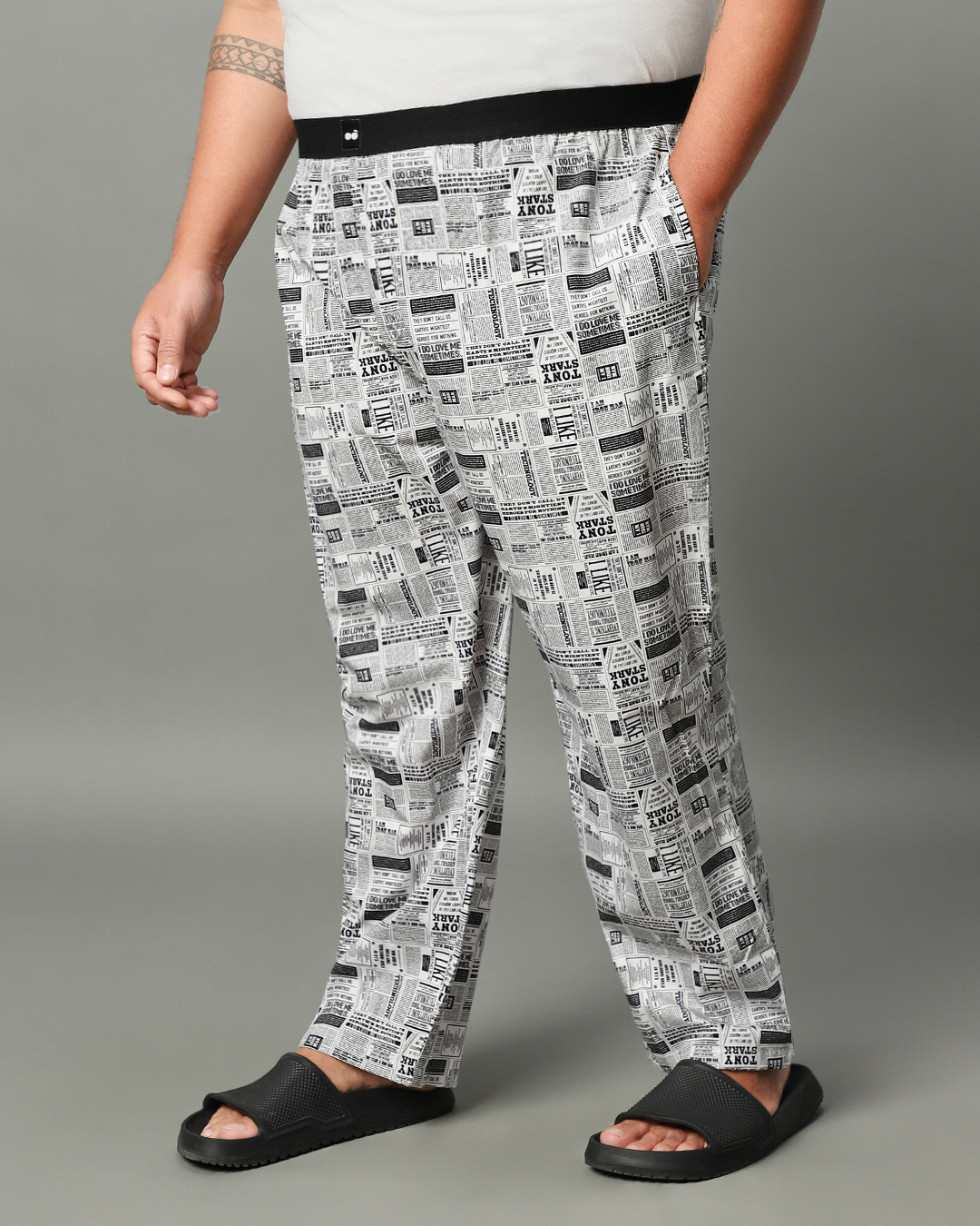 Shop Men's White All Over Newspaper Printed Plus Size Pyjamas-Back
