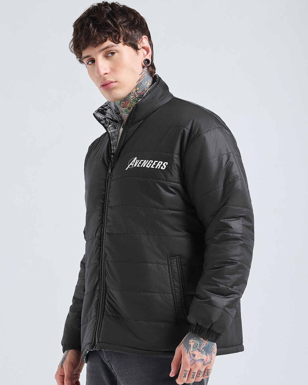 Shop Men's White & Black All Over Printed Oversized Reversible Zipper Puffer Jacket-Back