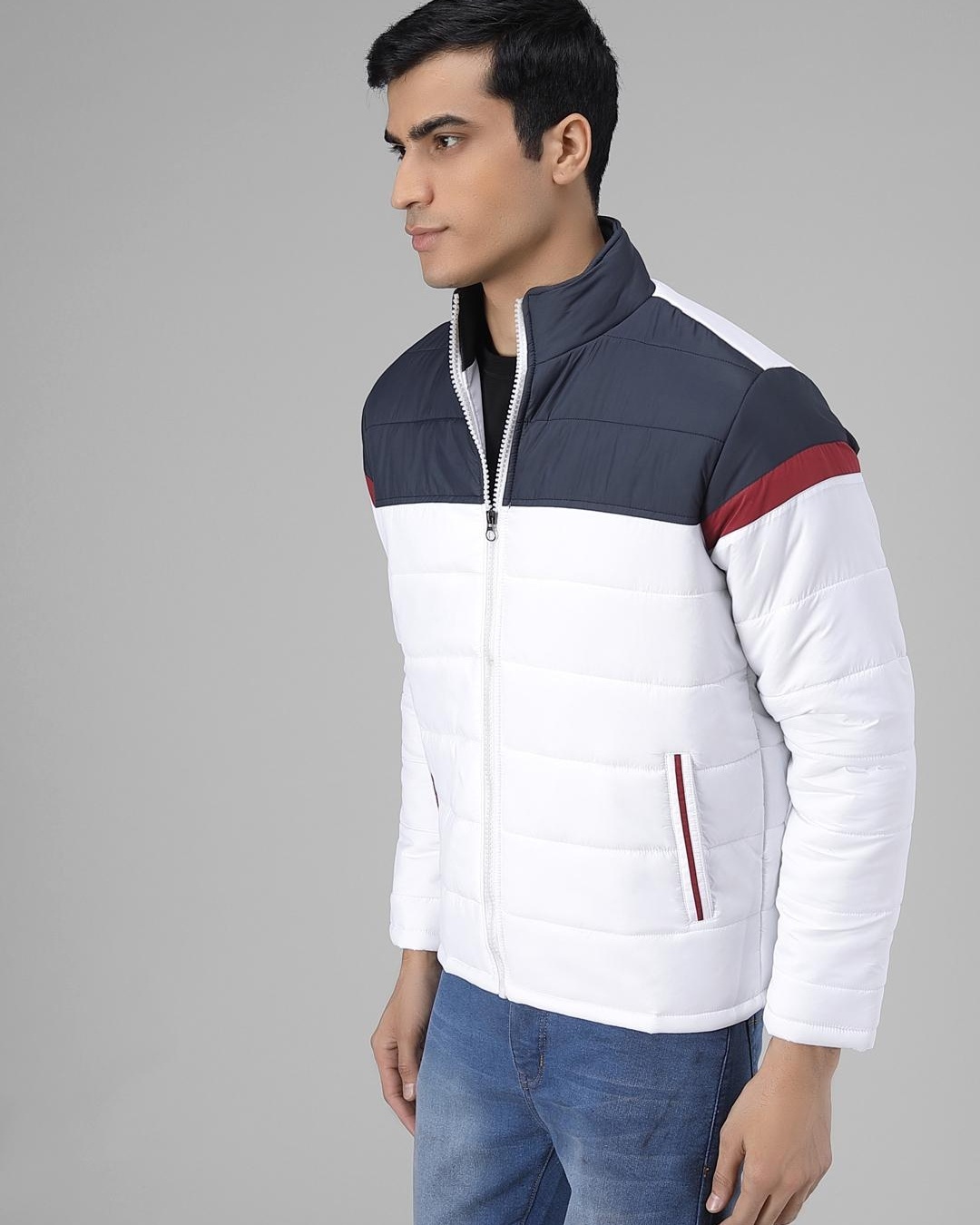 Shop Men's White & Blue Color Block Puffer Jacket-Back