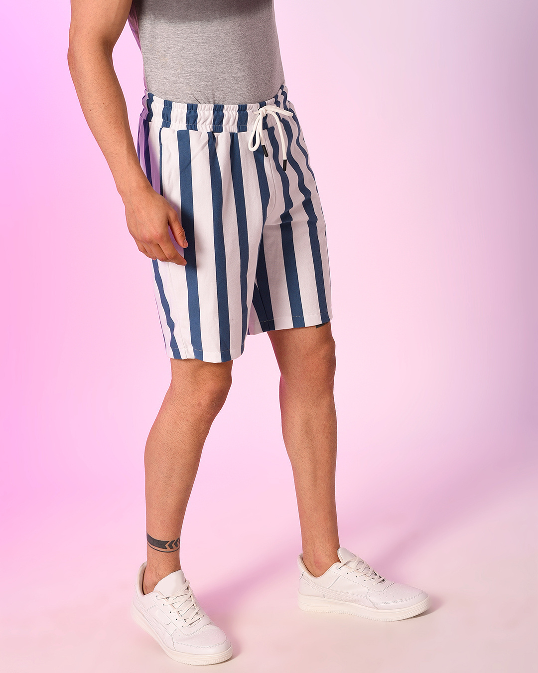 Shop Men's White and Blue Striped Drawstring Shorts-Back
