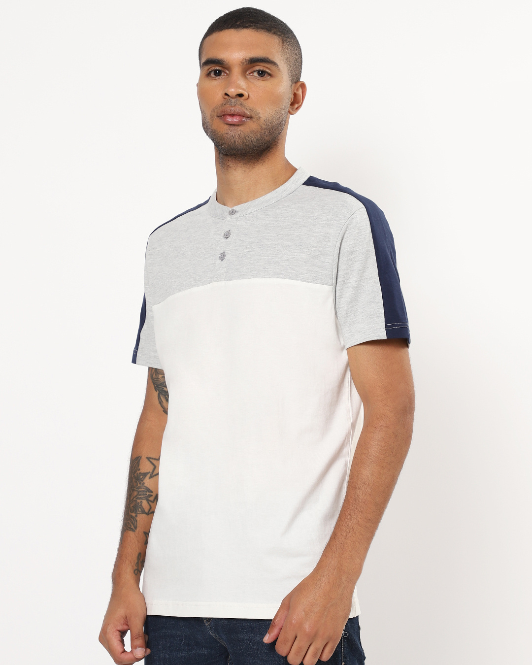 Shop Men's White and Grey Color Block Henley T-shirt-Back