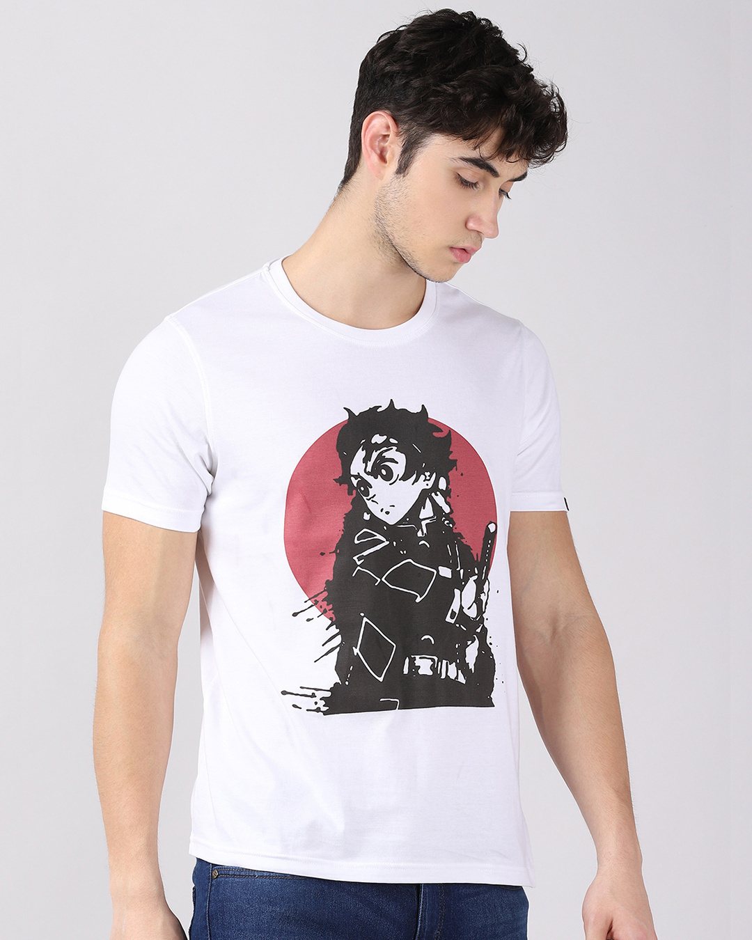 Shop Men's White Anime Tanjiro Demon Slayer Graphic Printed T-shirt-Back