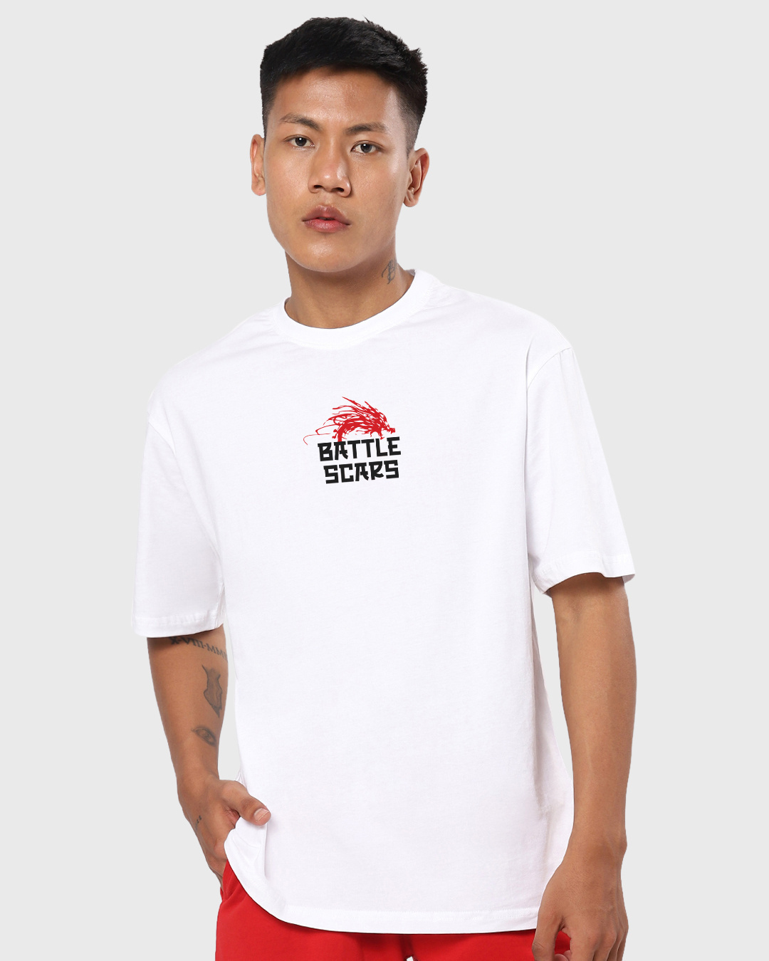 Shop Men's White Battle Scars Graphic Printed Oversized T-shirt-Back