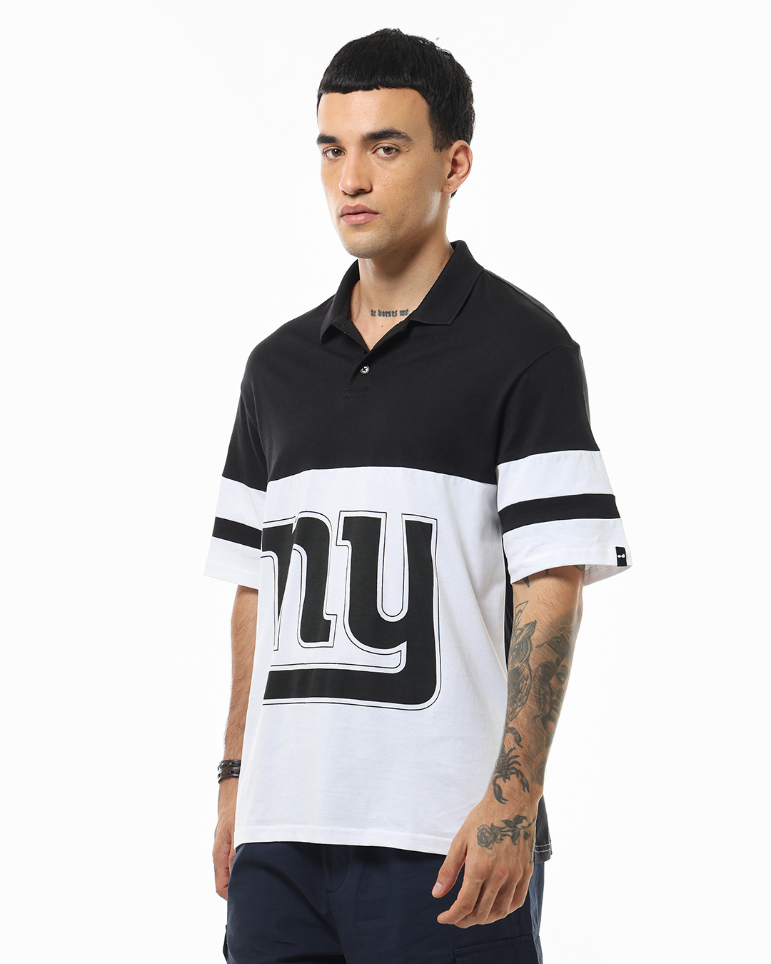 Shop Men's White & Black NY Color Block Oversized Polo T-shirt-Back