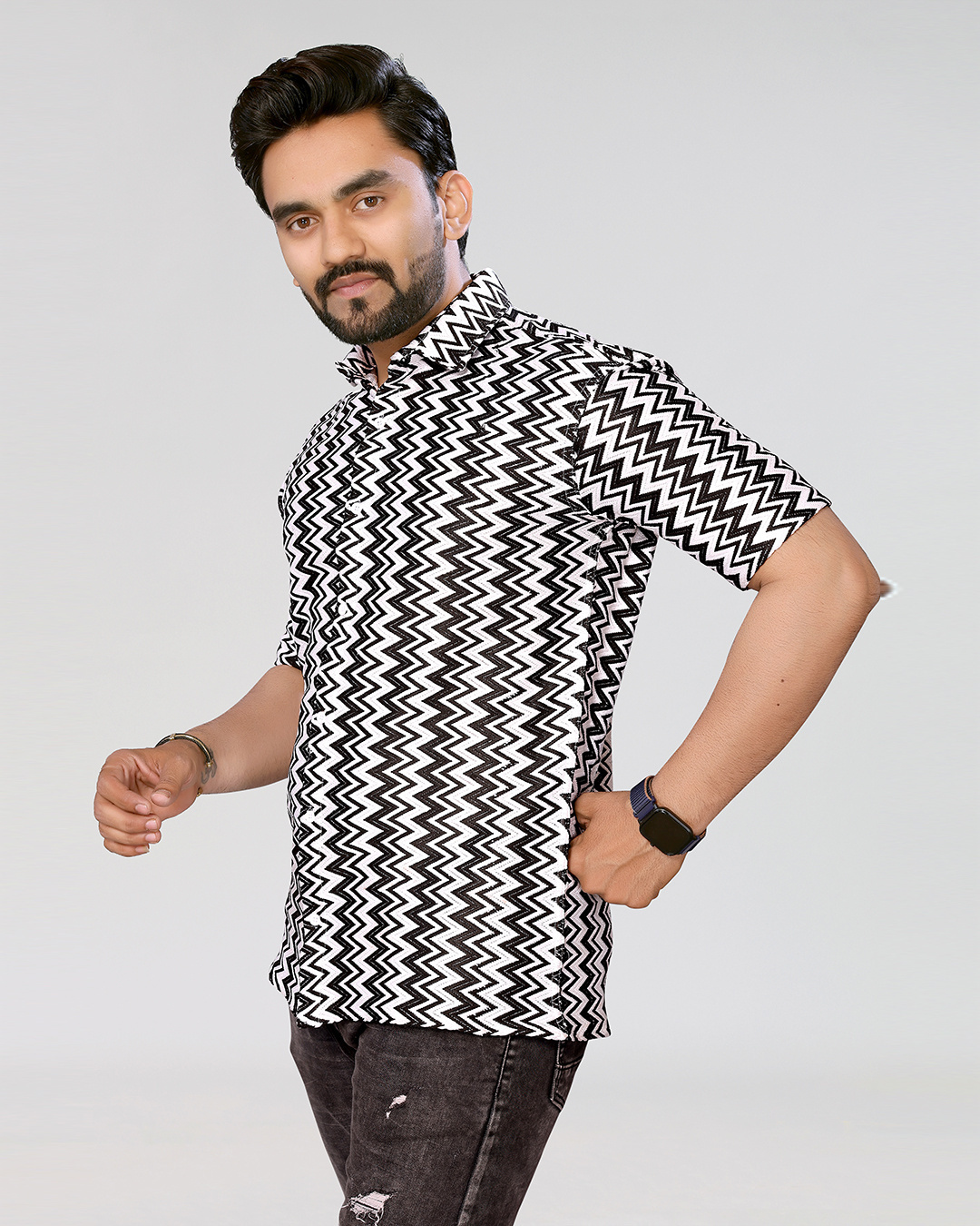 Shop Men's White & Black Embroidered Relaxed Fit Crochet Shirt-Back