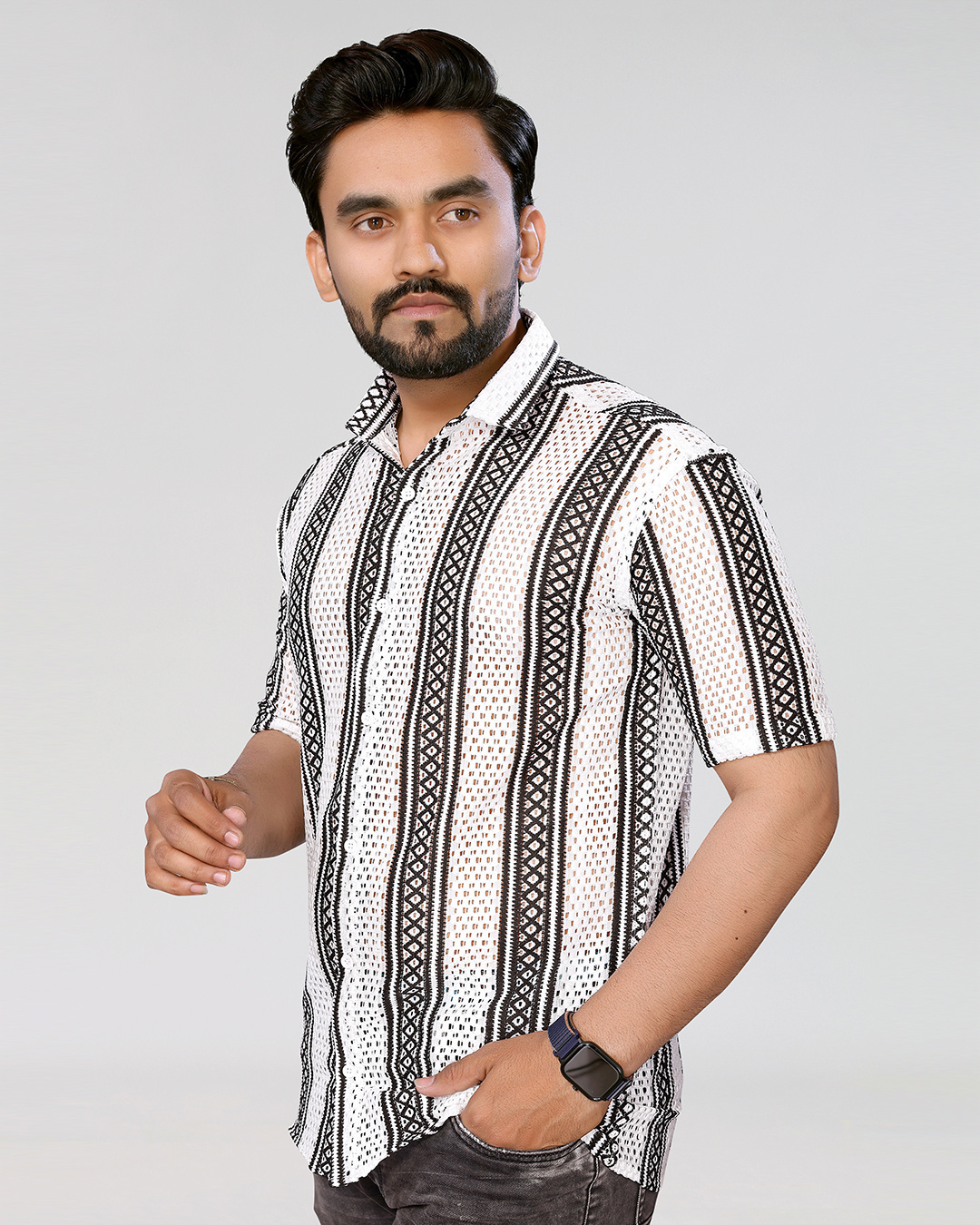 Shop Men's White & Black Embroidered Relaxed Fit Crochet Shirt-Back