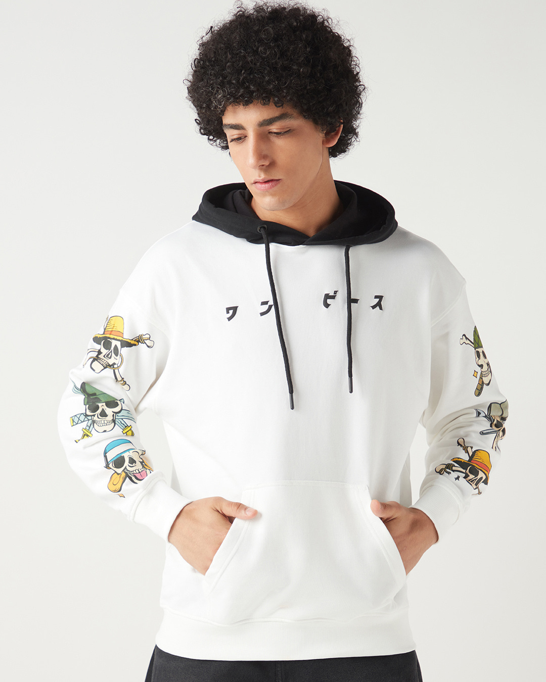 Shop Men's White & Black Graphic Printed Oversized Hoodies-Back