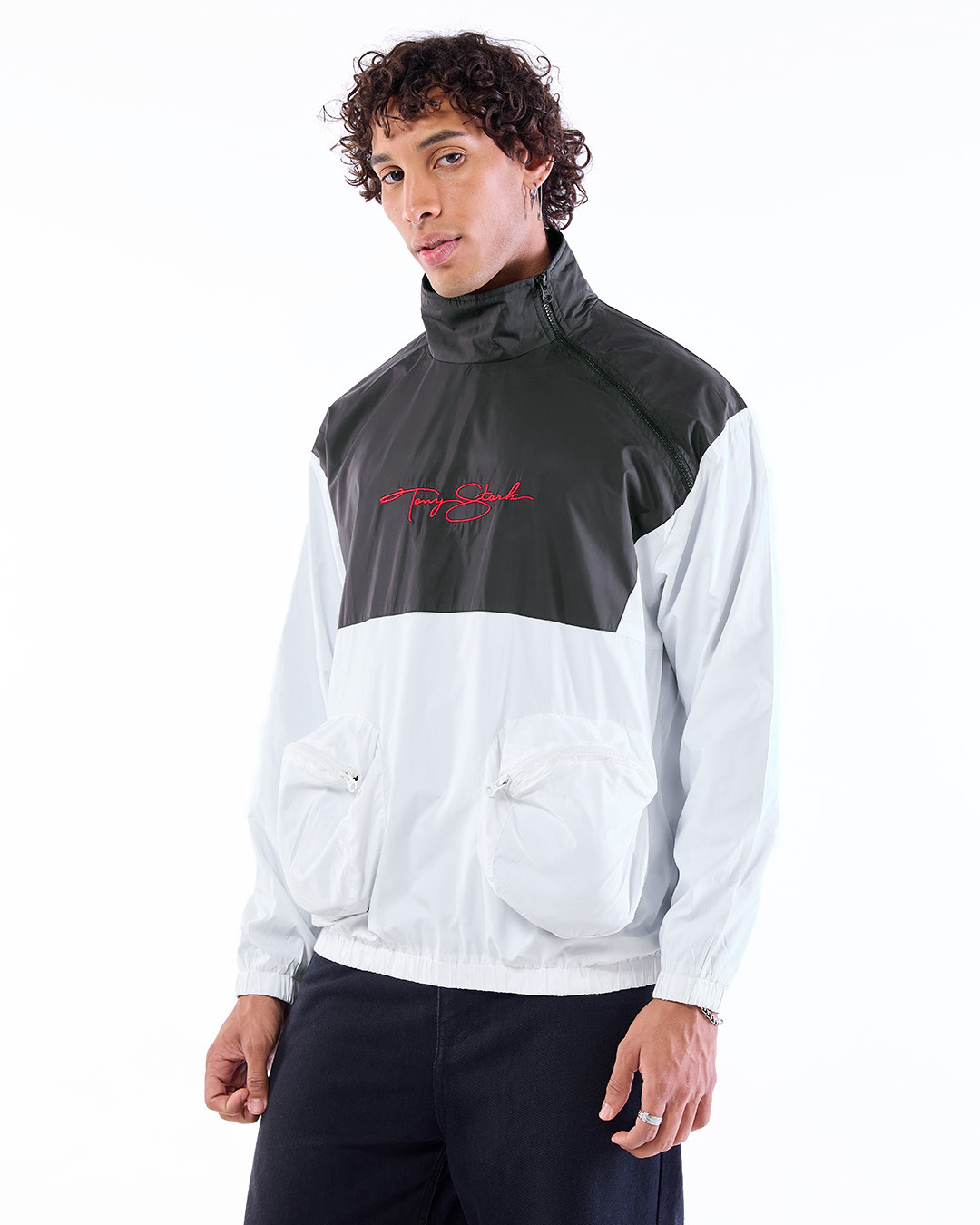 Shop Men's White & Black Tony Stark Typography Oversized Windcheater Jacket-Back