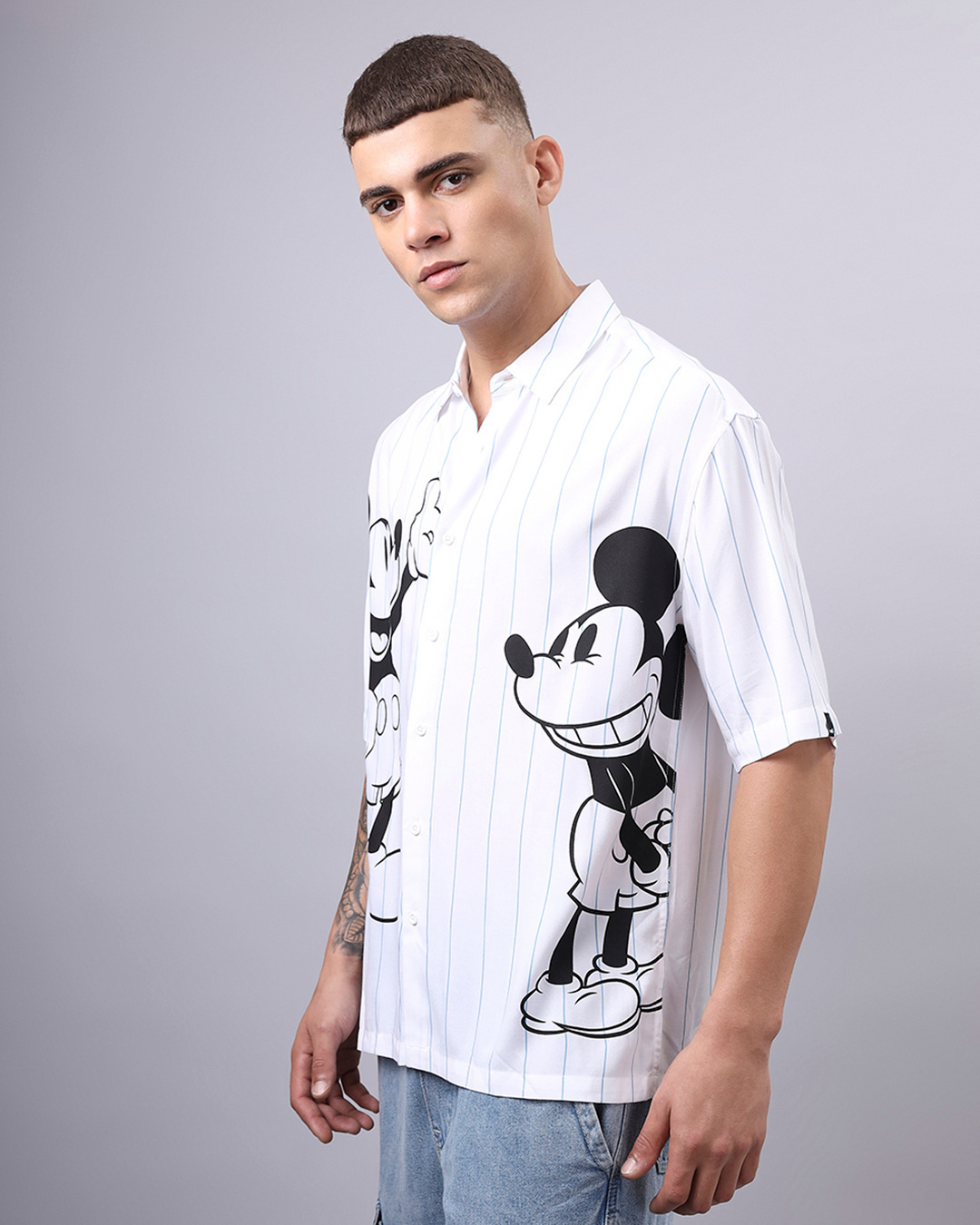 Shop Men's White & Black Mickey Graphic Printed Super Loose Fit Shirt-Back