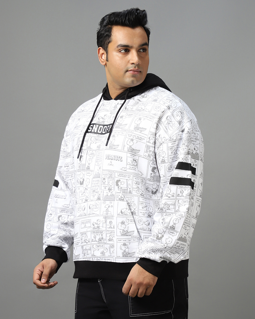 Shop Men's White & Black Snoopy All Over Printed Plus Size Oversized Hoodies-Back