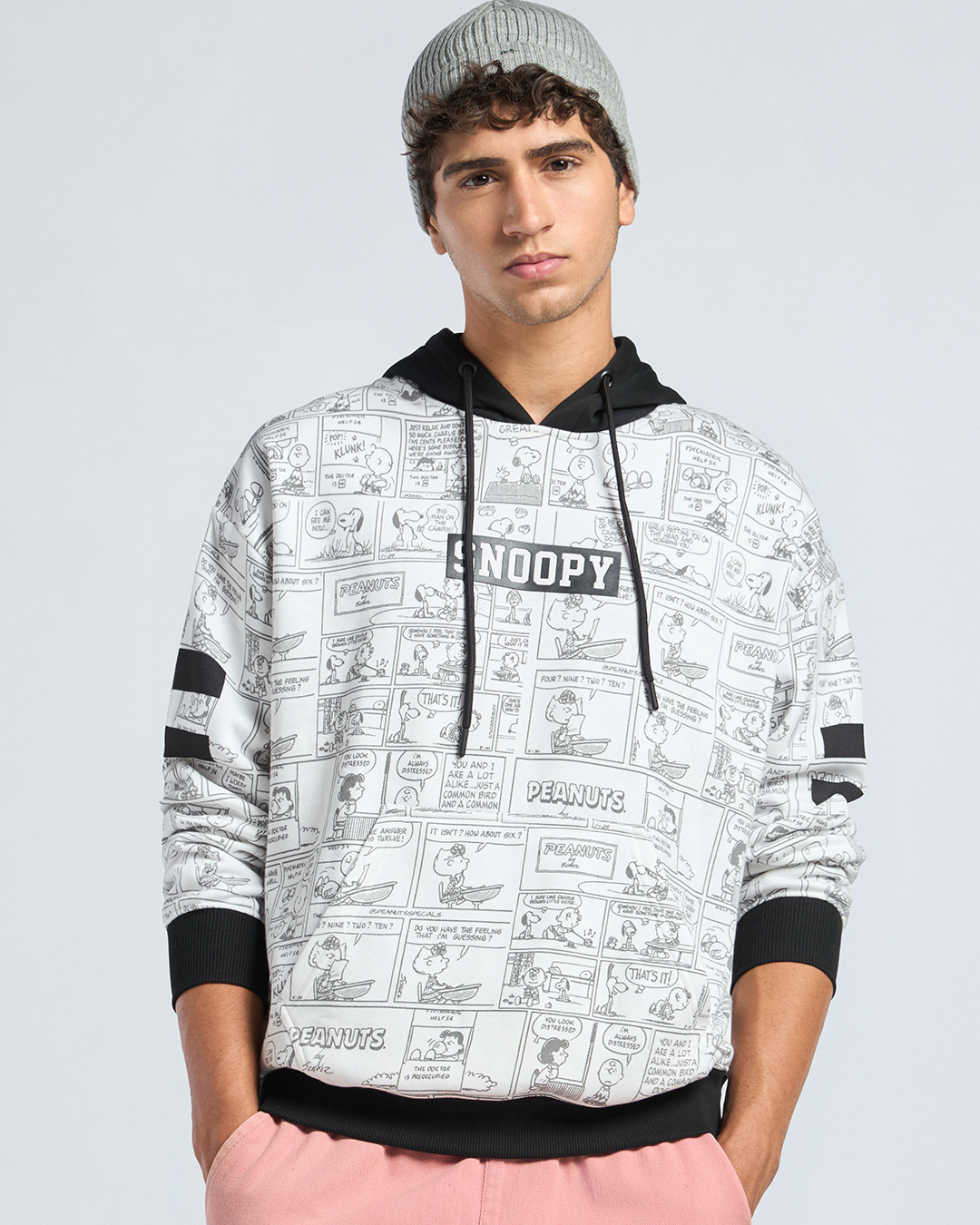 Shop Men's White & Black Snoopy Graphic Printed Oversized Hoodies-Back