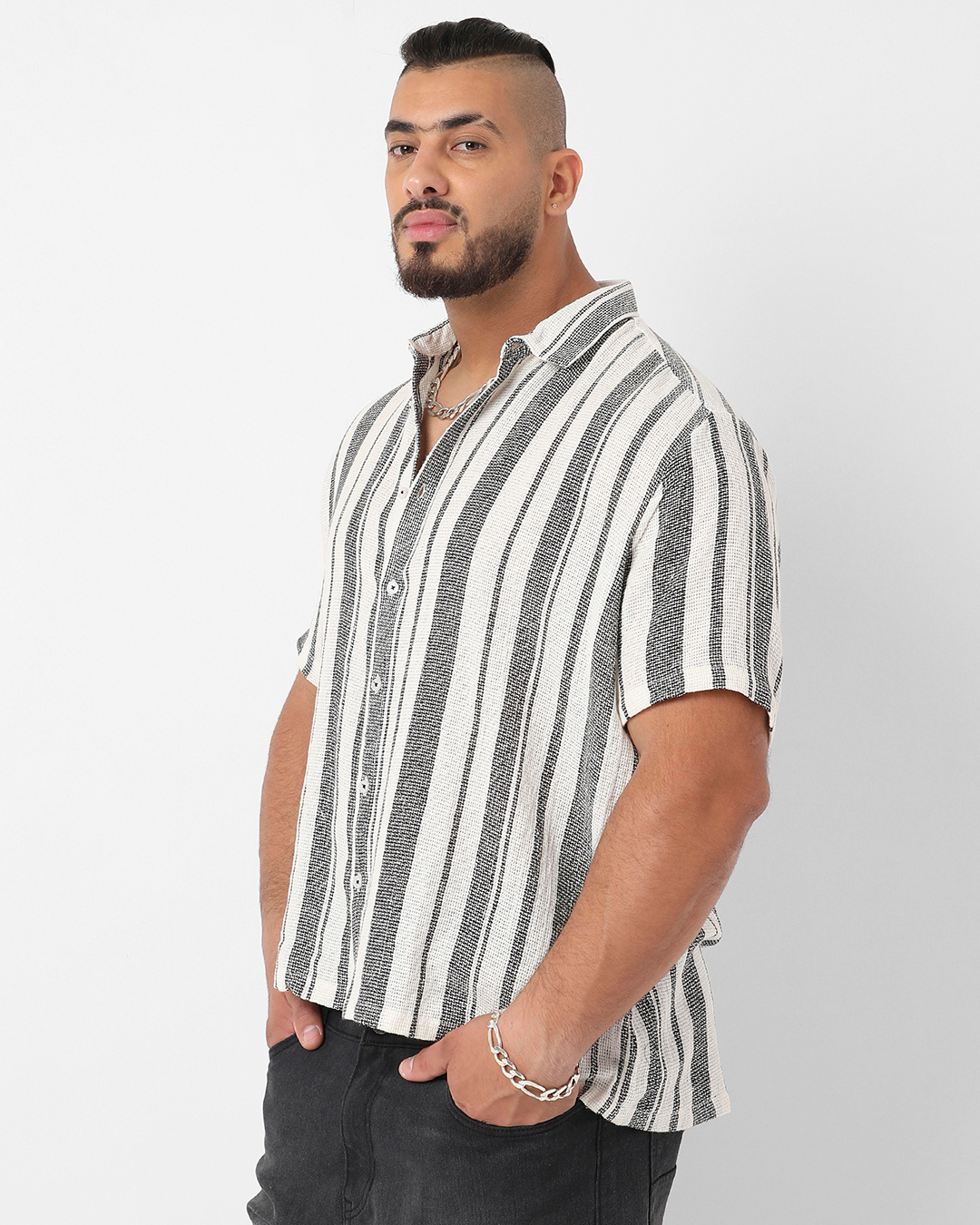 Shop Men's White & Black Striped Oversized Plus Size Shirt-Back