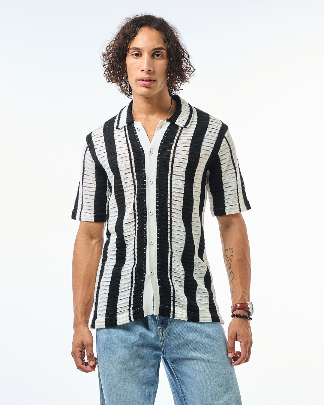 Shop Men's White & Black Striped Flatknit Shirt-Back