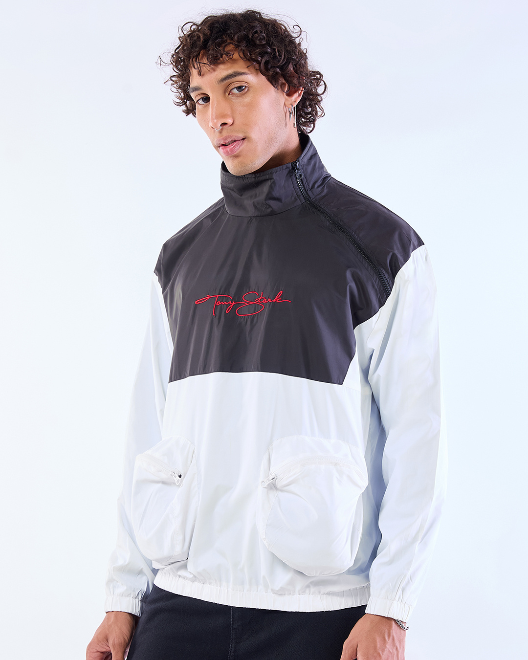 Shop Men's White & Black Tony Stark Typography Oversized Windcheater Jacket-Back