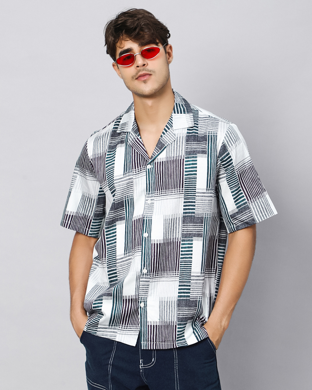 Buy Men's White & Blue Abstract Printed Oversized Shirt Online at Bewakoof