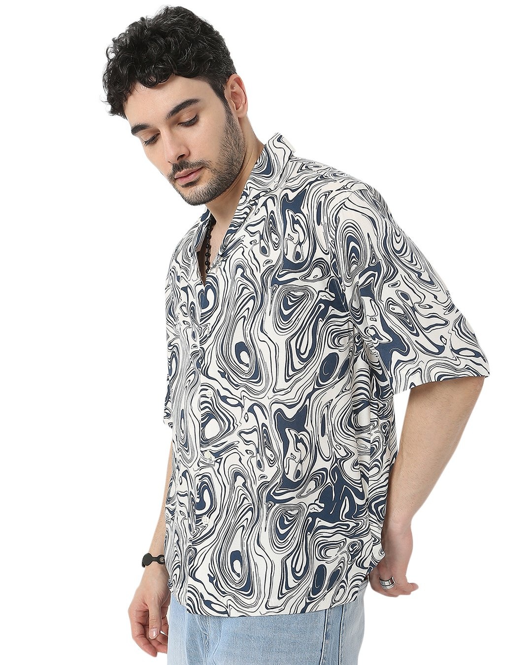 Shop Men's White & Blue All Over Abstract Printed Relaxed Fit Shirt-Back