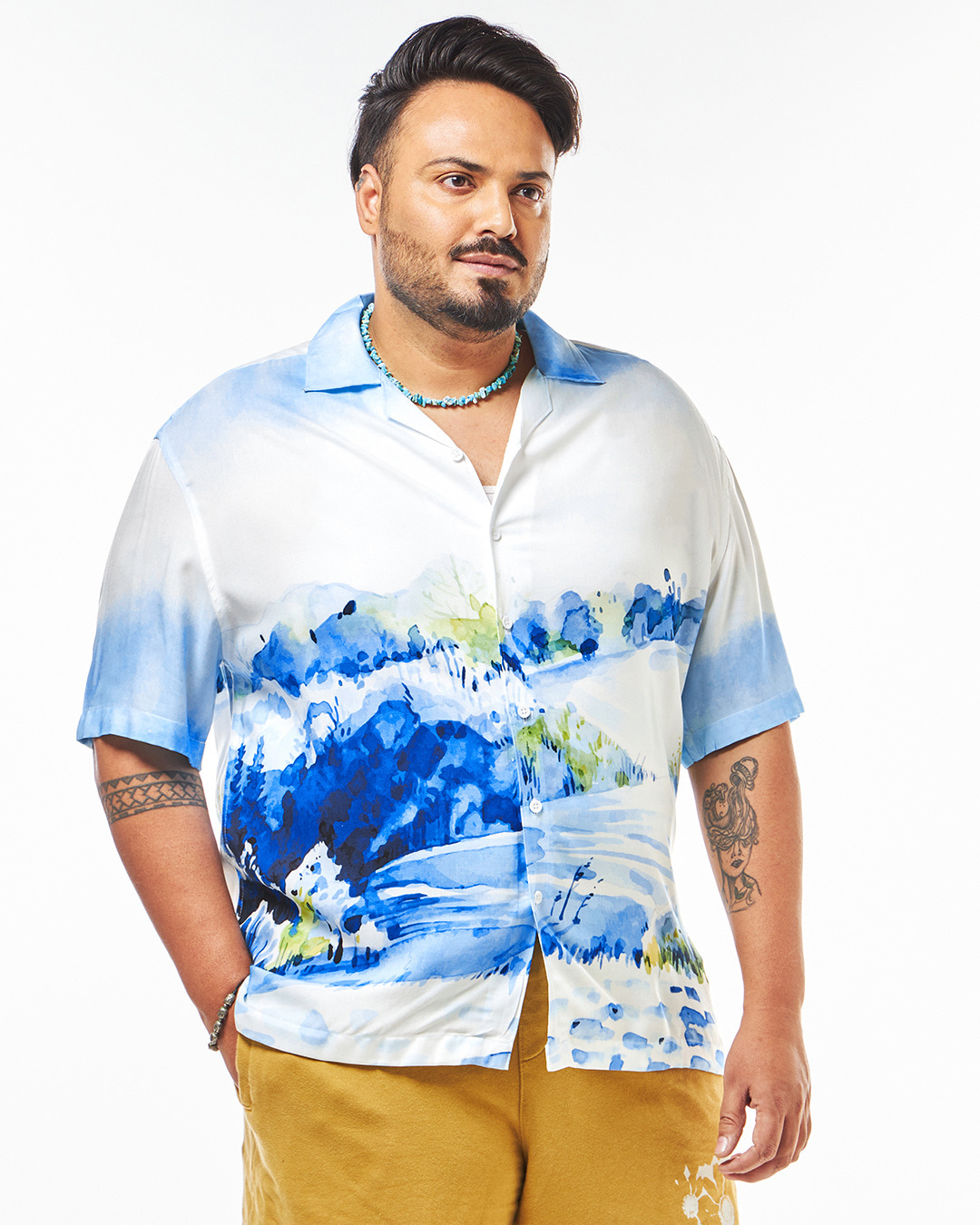 Shop Men's White & Blue All Over Printed Oversized Plus Size Shirt-Back