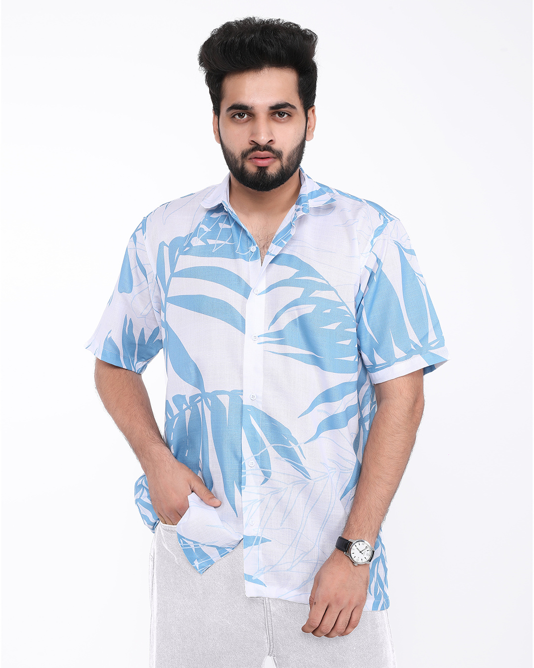 Buy Men's White & Blue All Over Printed Oversized Shirt Online at Bewakoof