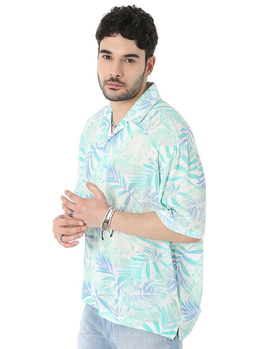 Shop Men's White & Blue All Over Tropical Printed Relaxed Fit Shirt-Back