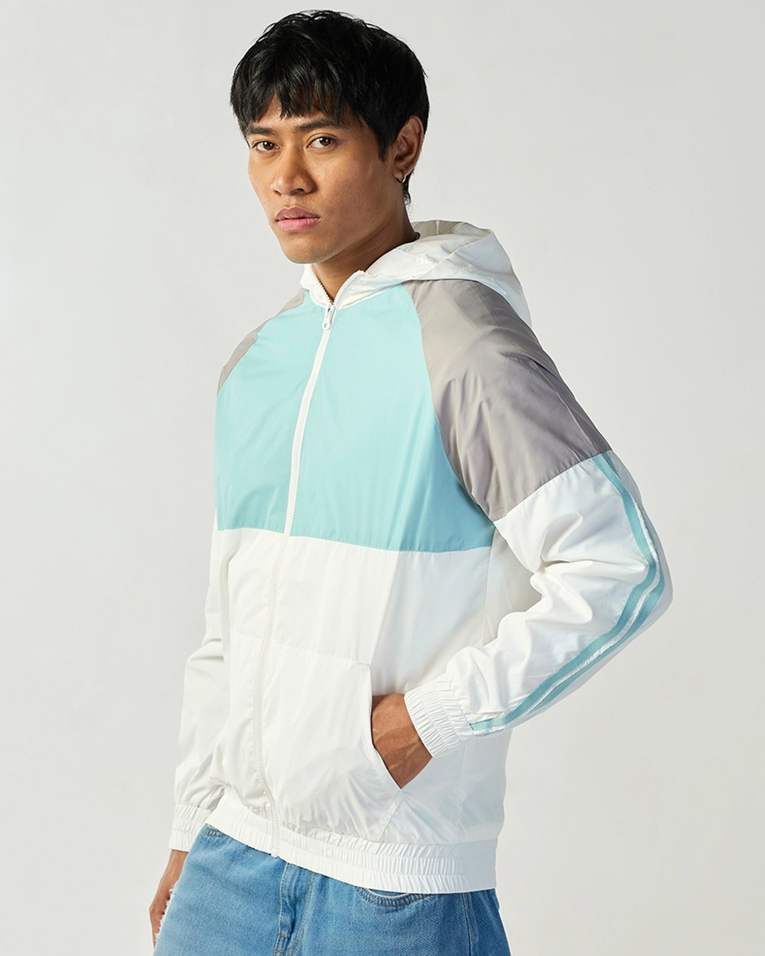 Shop Men's White & Blue Color Block Hooded Windcheater Jacket-Back