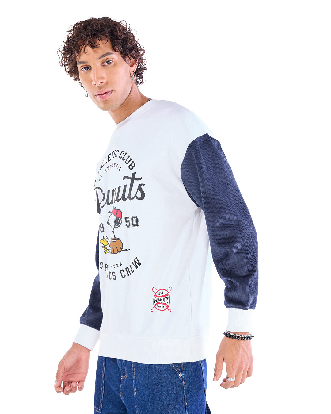 Shop Men's White & Blue Peanuts Typography Oversized Sweatshirt-Back