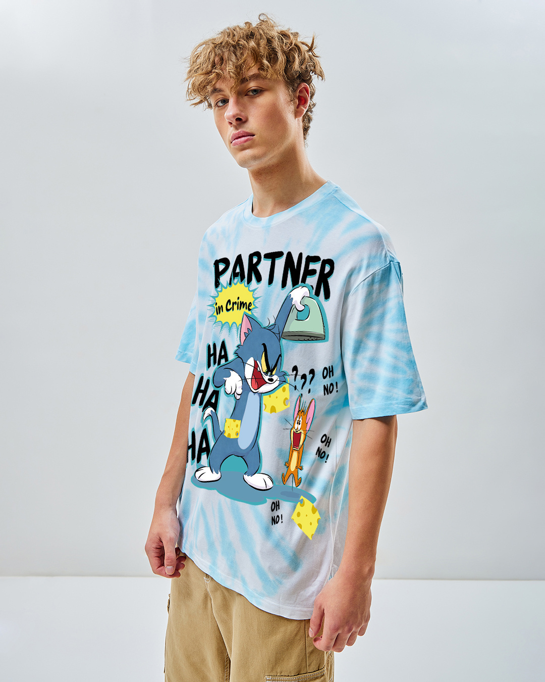 Shop Men's White & Blue Partner In Crime Tie & Dye Oversized T-shirt-Back