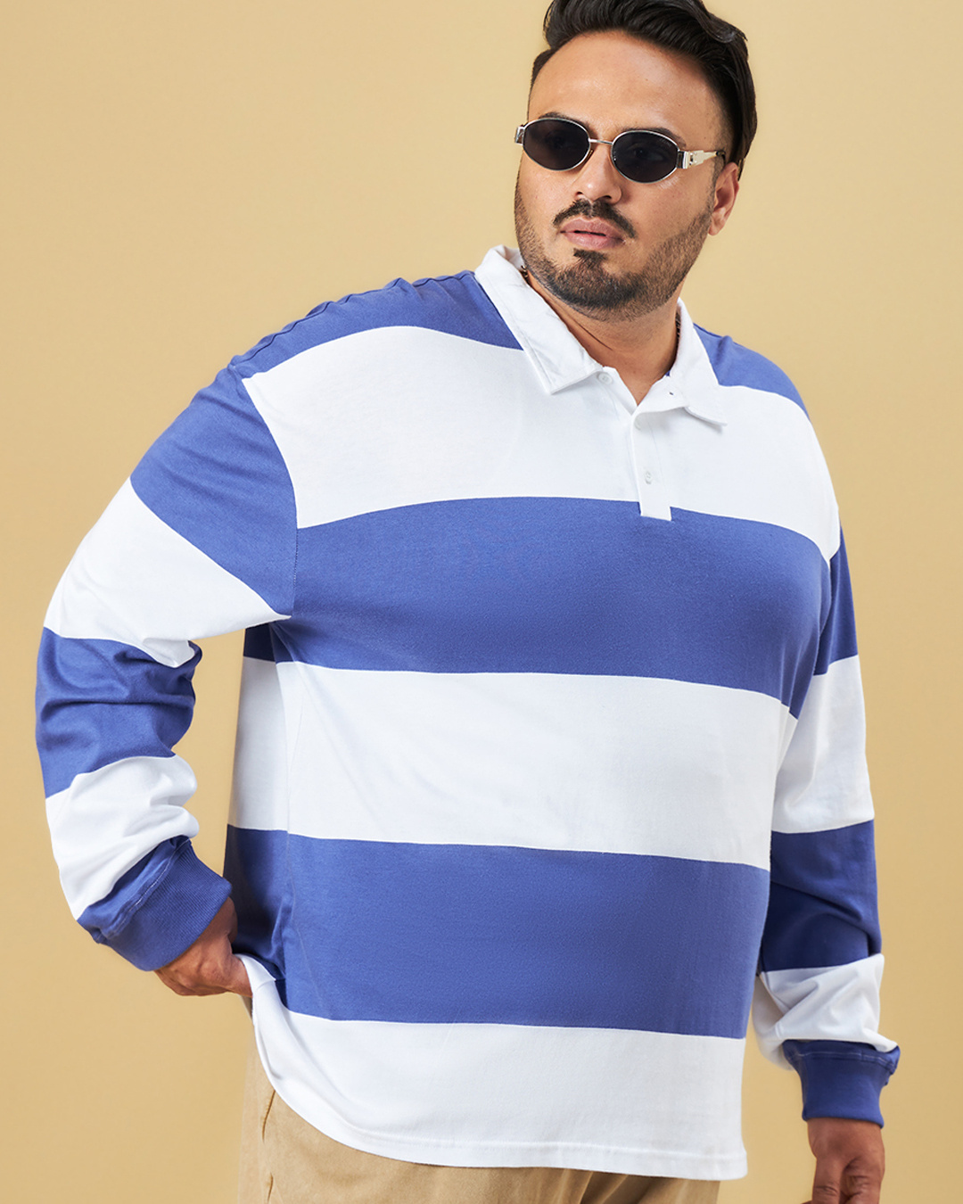 Buy Men's White & Blue Striped Oversized Plus Size Polo T-shirt Online ...