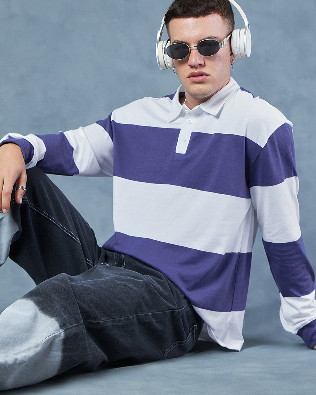 Buy Men's White & Blue Striped Oversized Polo T-shirt Online at Bewakoof